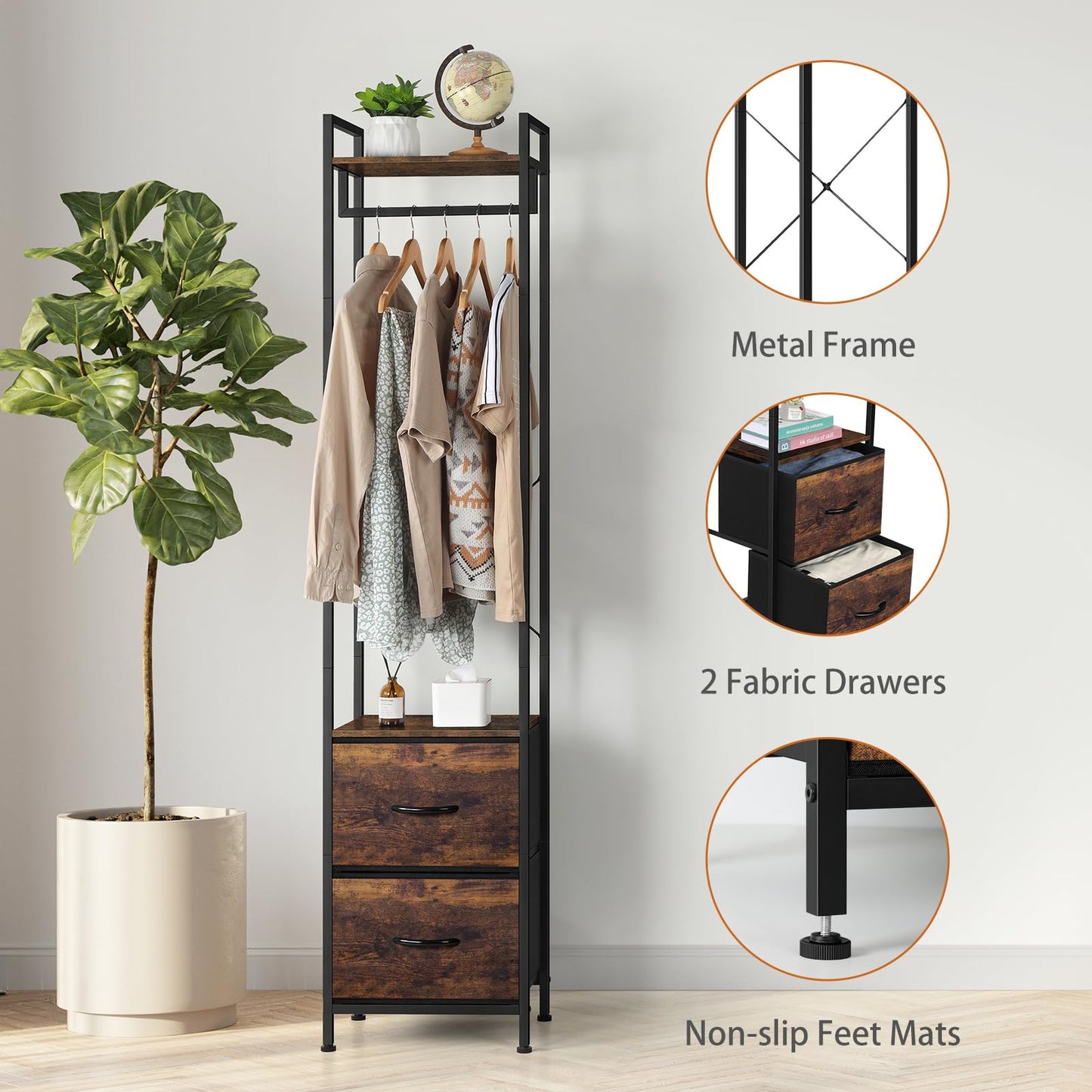 UOMIO 180CM Tall Clothes Rail with Drawers, Narrow Freestanding Coat Rack, Space Saving Clothing Rail Hanger with Storage Shelf