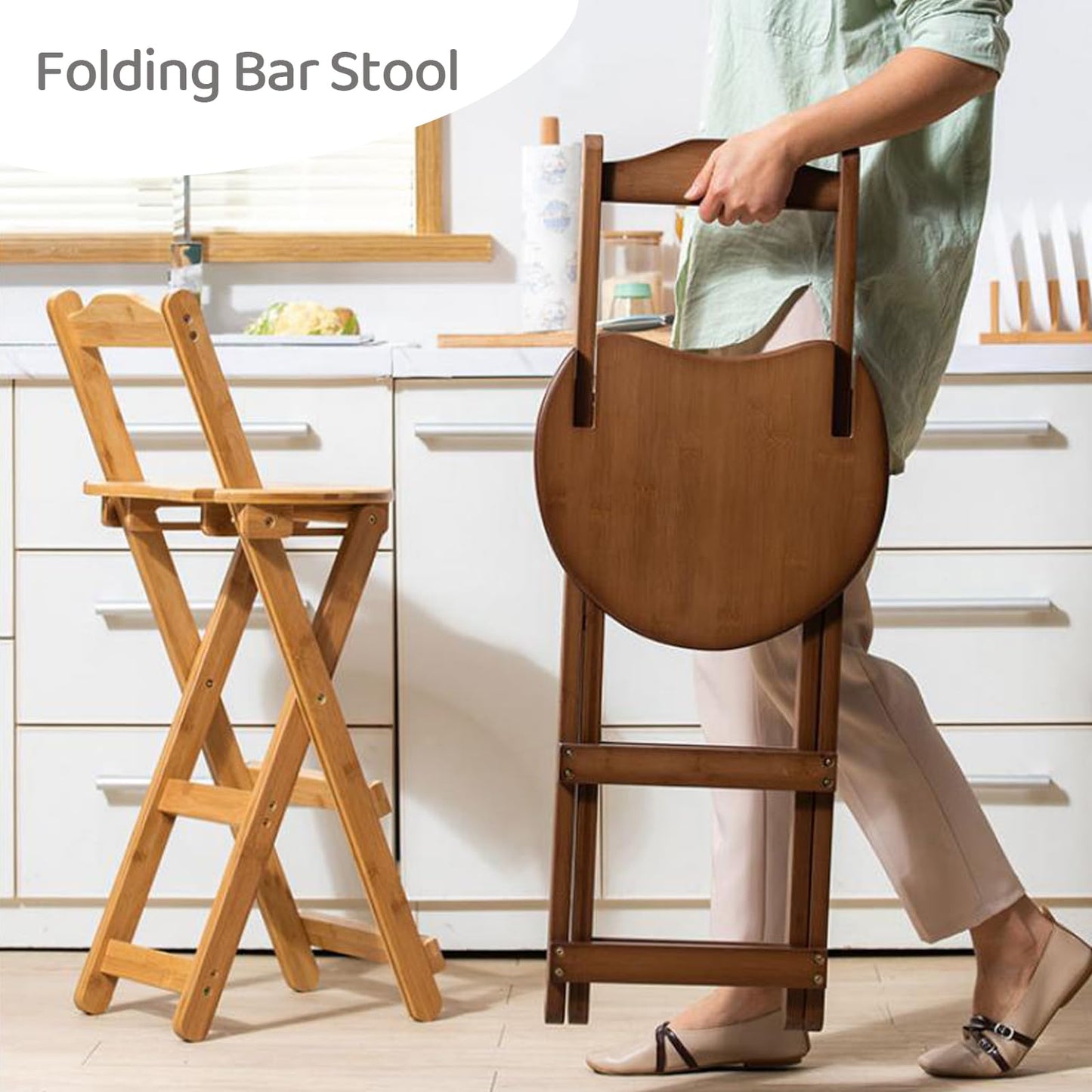 Gelory Foldable Bar Stool Bamboo Counter Height Chairs No Assembly, Brown