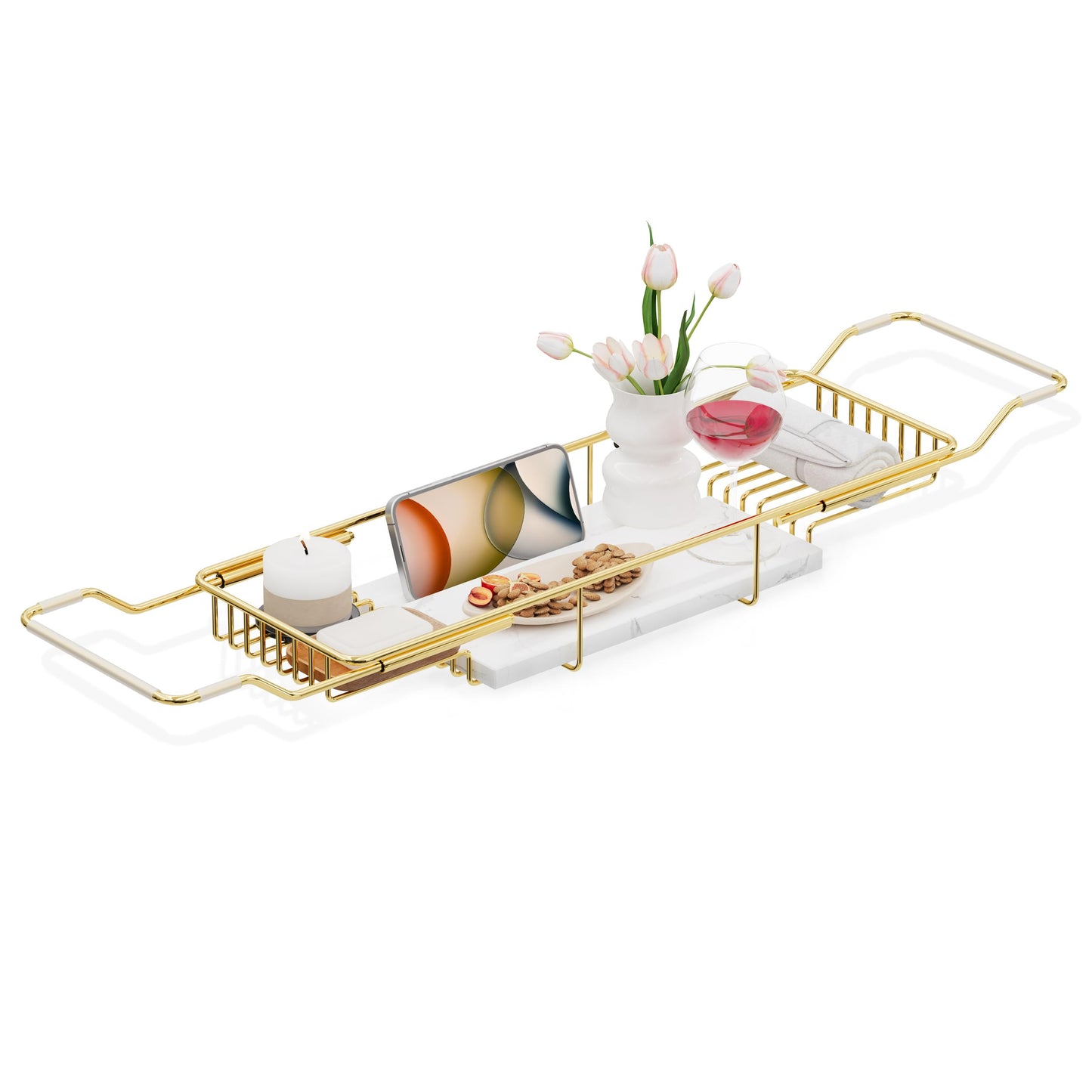 BVL Gold Bath Tray, Stainless Steel Bath Board with White Marble, Adjustable Bath Rack Bath Shelf Bath Trays for Across The Bath Organizer Storage