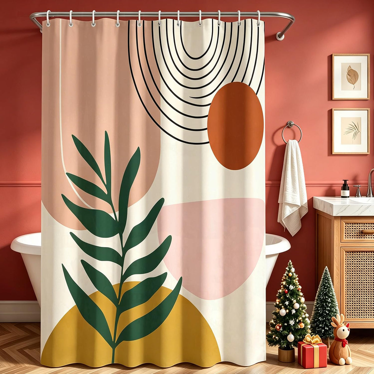 Lerores Shower Curtain, 170 x 180 cm, Leaf Print, Weighted Hem, Anti-Mould Textile, Water-Repellent