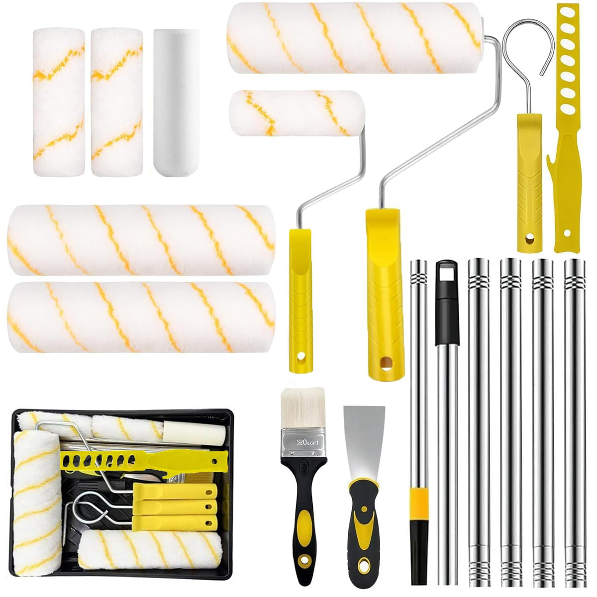 Paint Roller Set, 13 Pack Paint Rollers and Trays Sets, 9 inch Painting Roller Set with Extension Pole, Paint Tray, Paint Brush, Paint Stirrer for