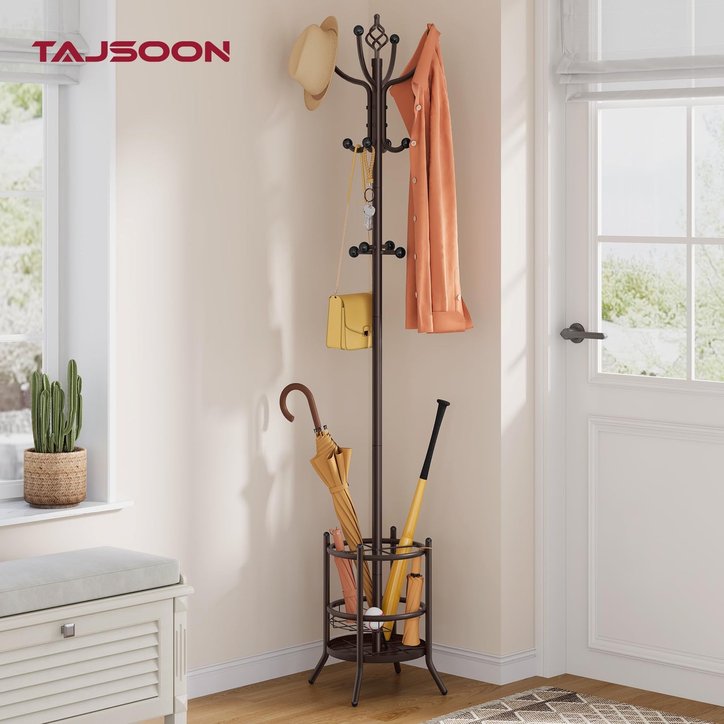Tajsoon Coat Rack with Umbrella Stand, Coat Tree With 16 Hooks, Brown