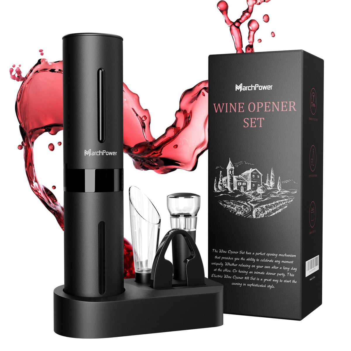Marchpower Electric Wine Bottle Opener Set - Battery Powered Corkscrew Bottle Opener with Foil Cutter, Pourer, and Vacuum Stoppe rand Storage Base
