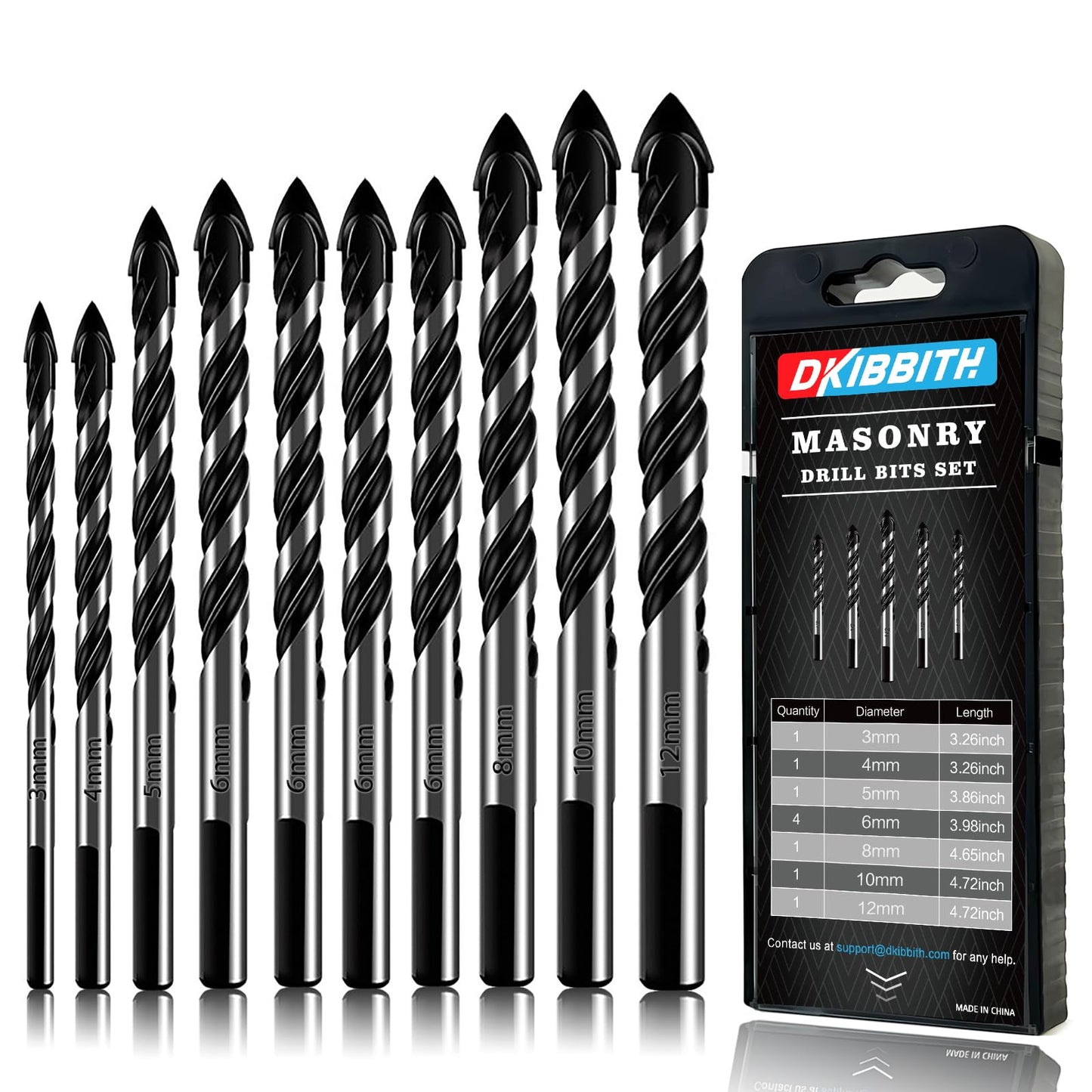10 Piece Masonry Drill Bits Set for Tile Glass Ceramic Brick Wood, 3mm to 12mm Drilling Bits with Triangle Handle, YG8 Tungsten Steel Alloy