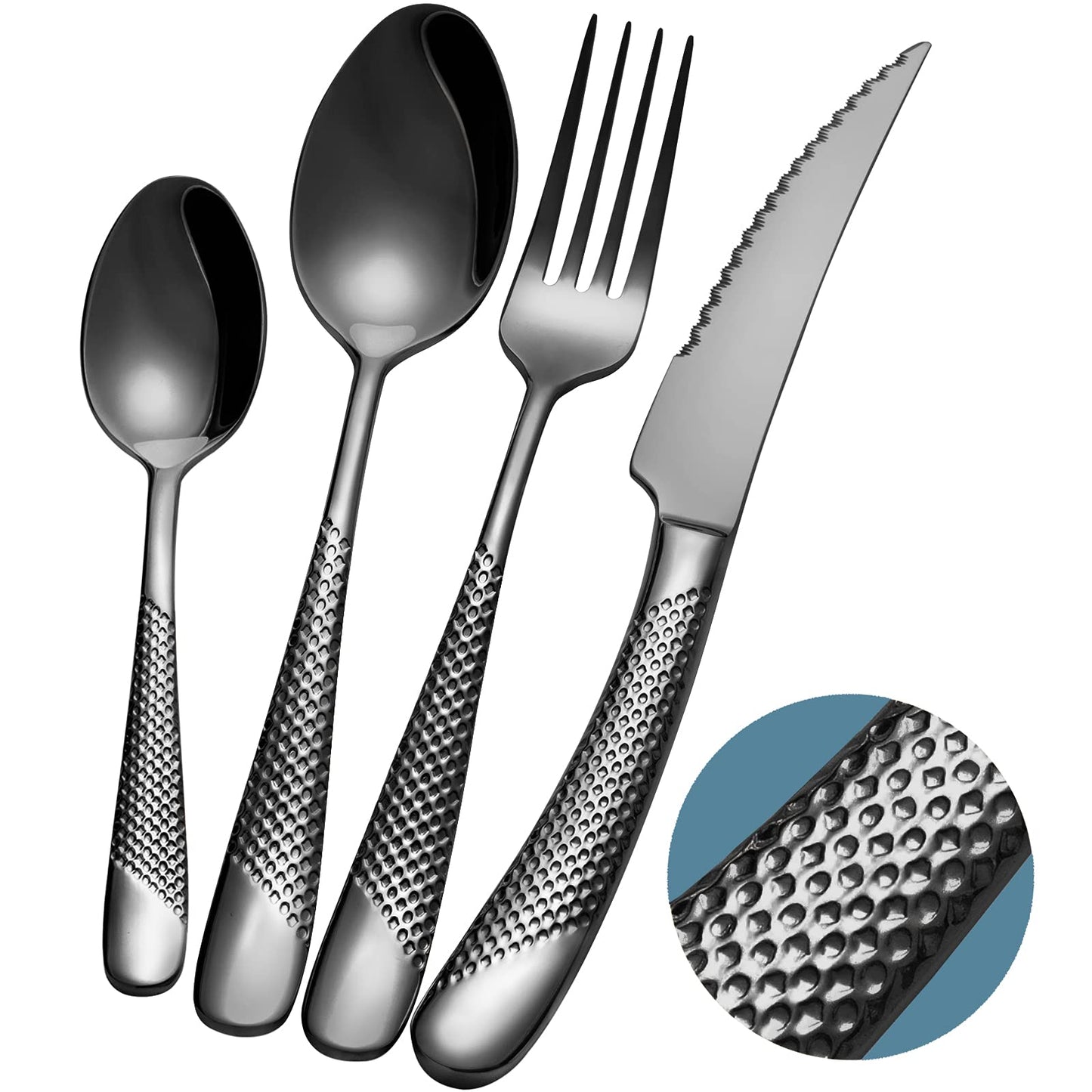 Xideman 24-Piece Modern Black Hammered Cutlery Set with Ultra Sharp 2-in-1 Serrated Knive, 18/10 Stainless Steel Silverware Set, Titanium Plated