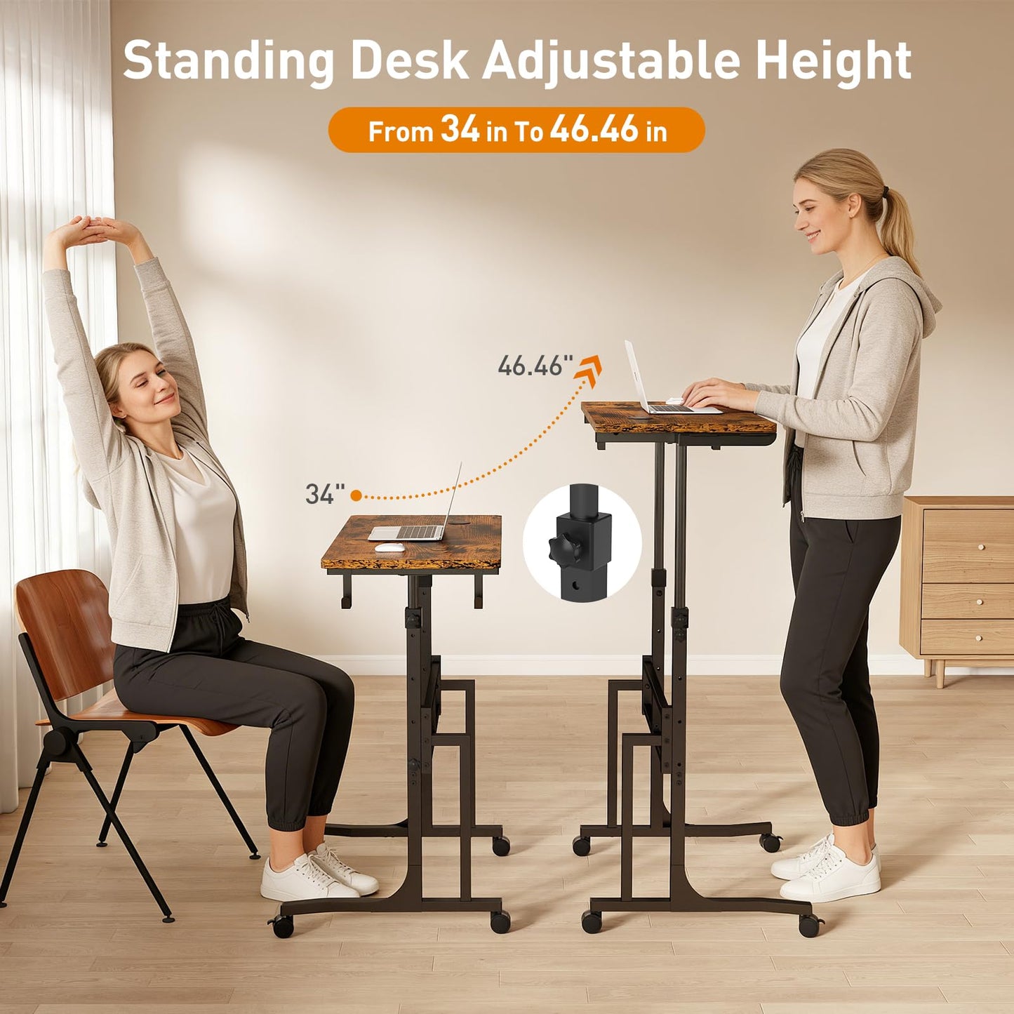 ikkle Standing Desk with Wheels, 34 Inch Height Adjustable Treadmill Training Table, Mobile Sit Stand Up Desk