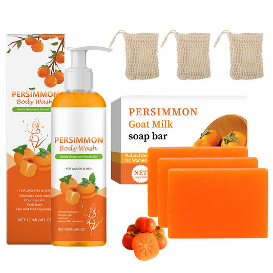100g Persimmon Goat Milk Soap, 120ml Persimmon Body Wash Kit, Eliminates Odors, Hydrates, Soothes, Ideal for All Skin Types