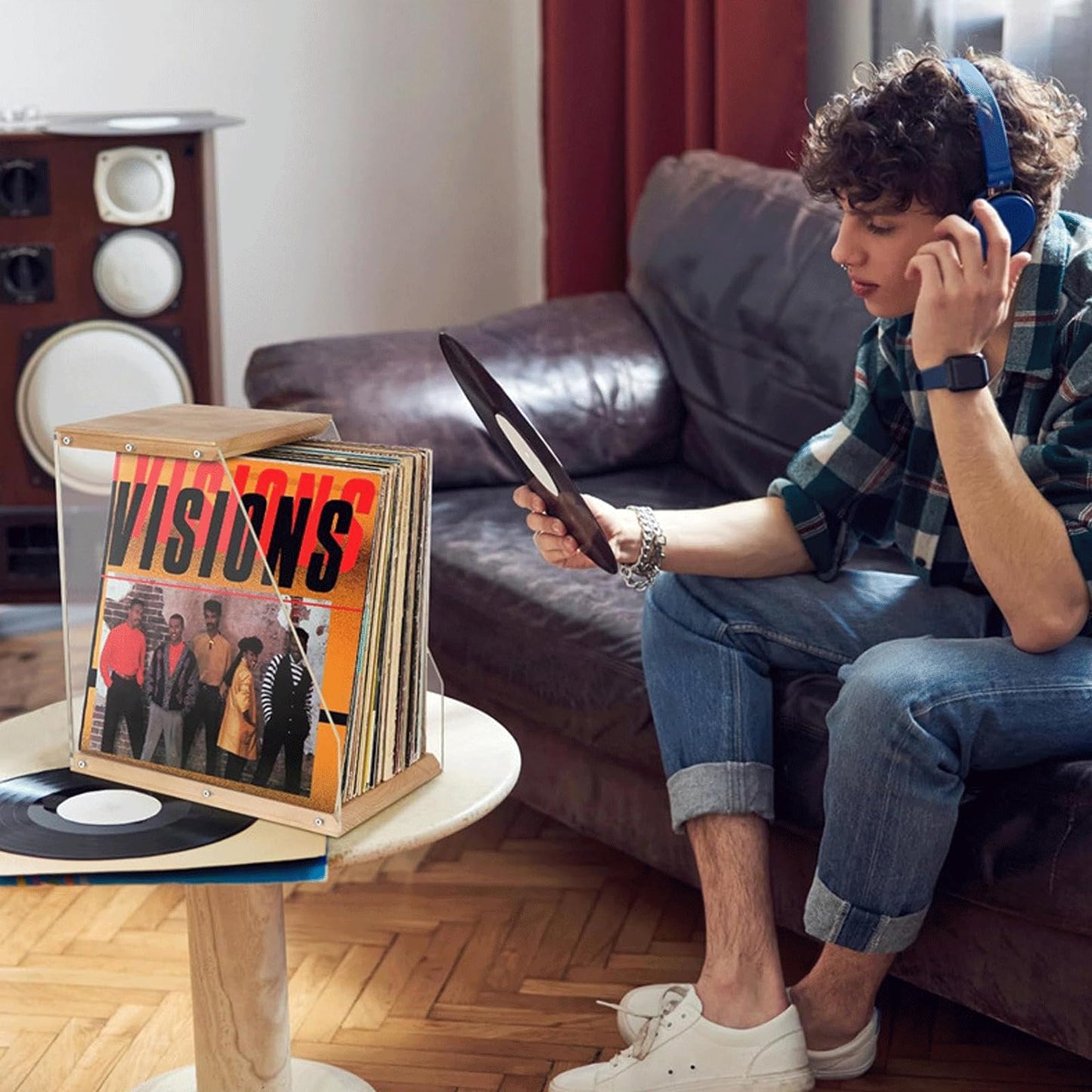 Vinyl Record Storage,Vinyl Organizer for Albums Audio,Wooden Base holder Stand Display，Record Stand for Modern Home Office Desktop Easy to Assemble