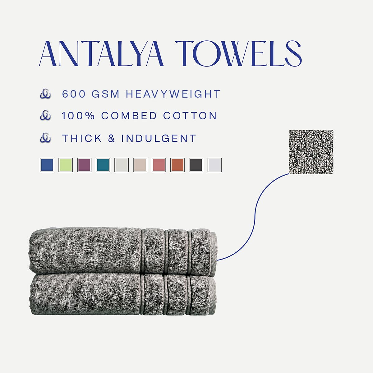 Christy Antalya Large Bath Towels | Set of 2 | 100% Turkish Cotton | 600GSM | Soft Plush Luxury Towel Set | 70cm x 125cm | Quick Dry | Storm Grey