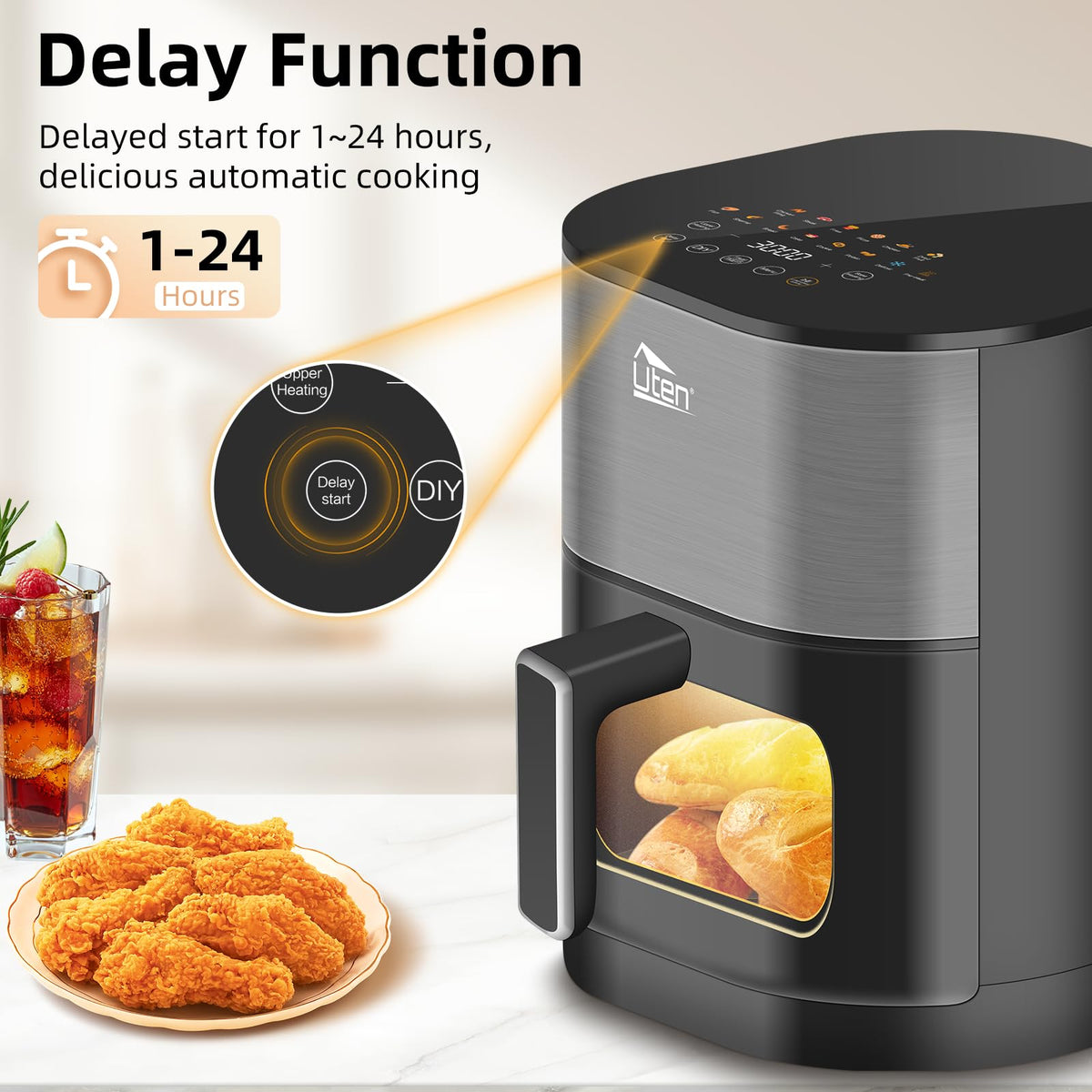 Uten Dual Blaze Air Fryer 5.5L Visual Window, Color Screen, 14 Pre Menus, Delayed Start, Stainless Oil Net, 2 Fast Heaters Independently Controllable,