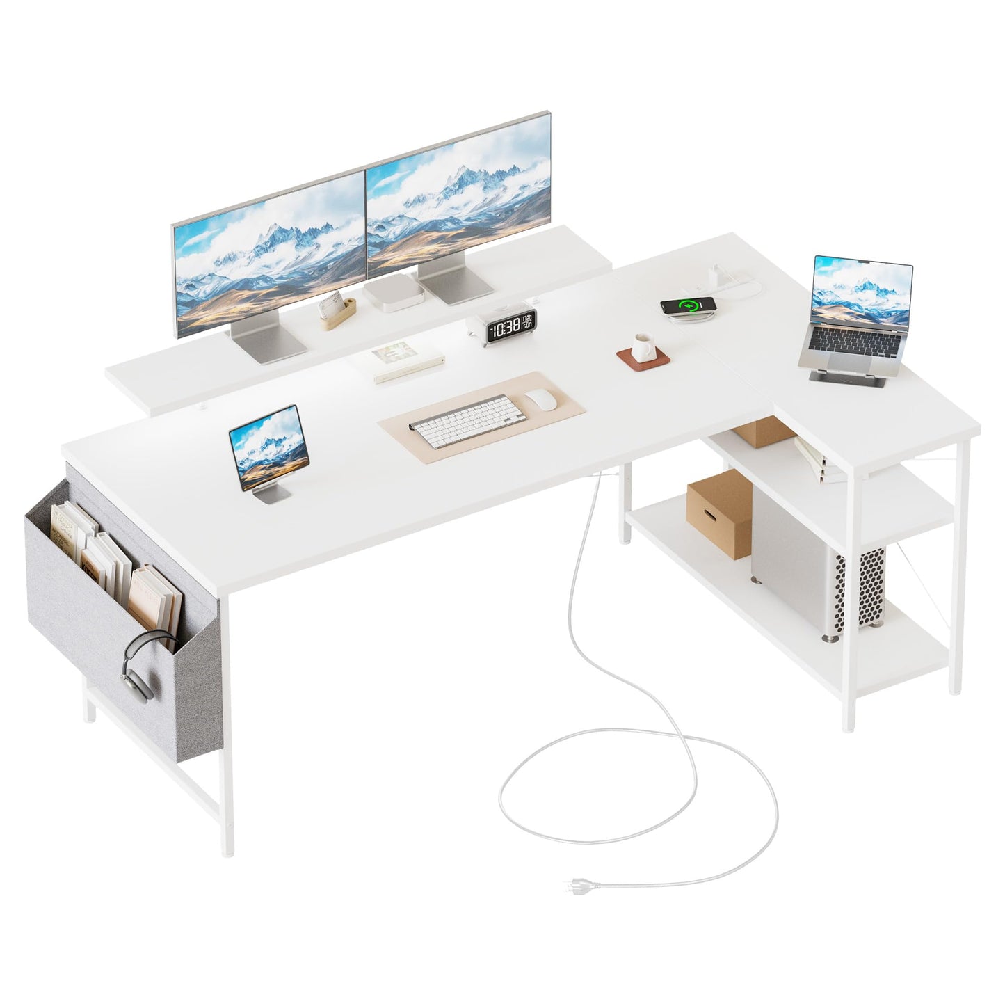 Mericonia Corner Desk, w. Monitorstand & Built-in Socket, 140x70cm, White