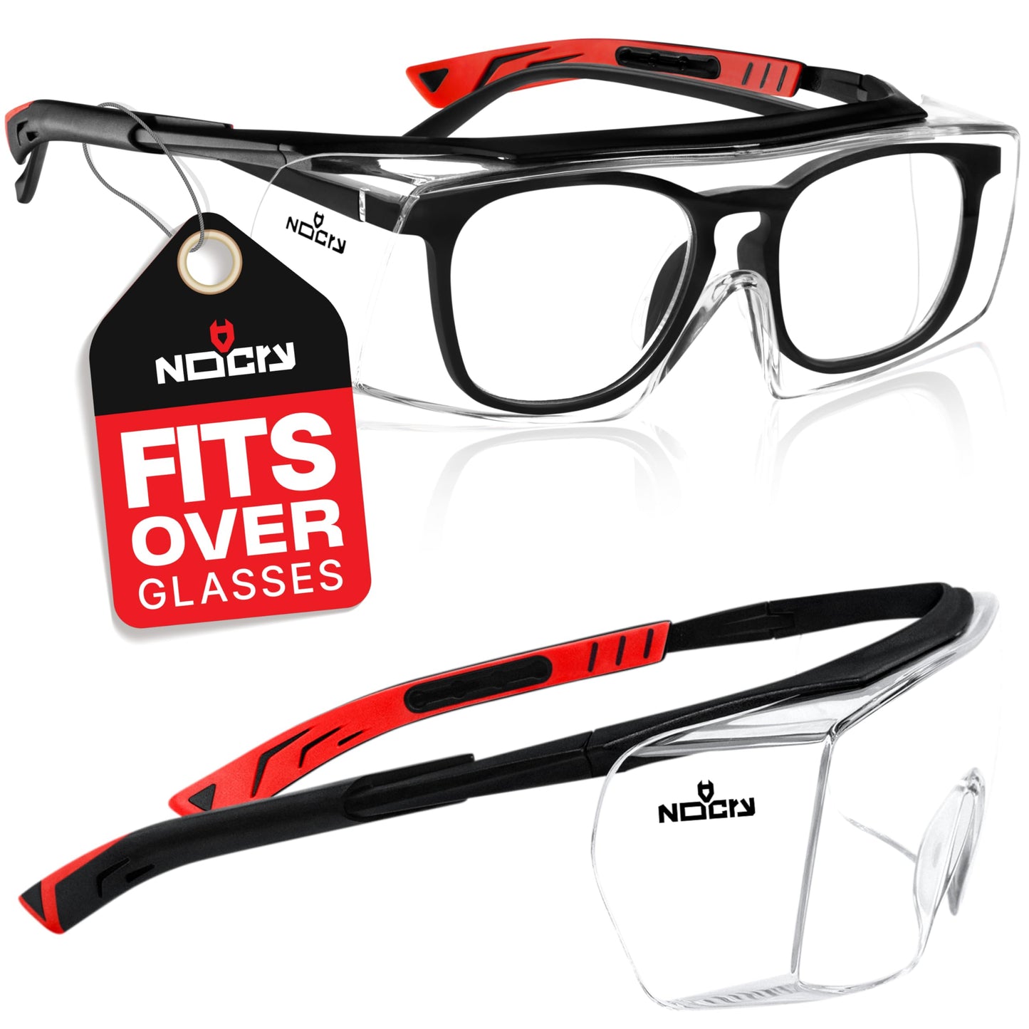 NoCry Safety Glasses Over Eyeglasses with Anti Scratch Wraparound Lenses, UV400 Protective Eyewear, ANSI Z87 & OSHA Approved Safety Goggles Over