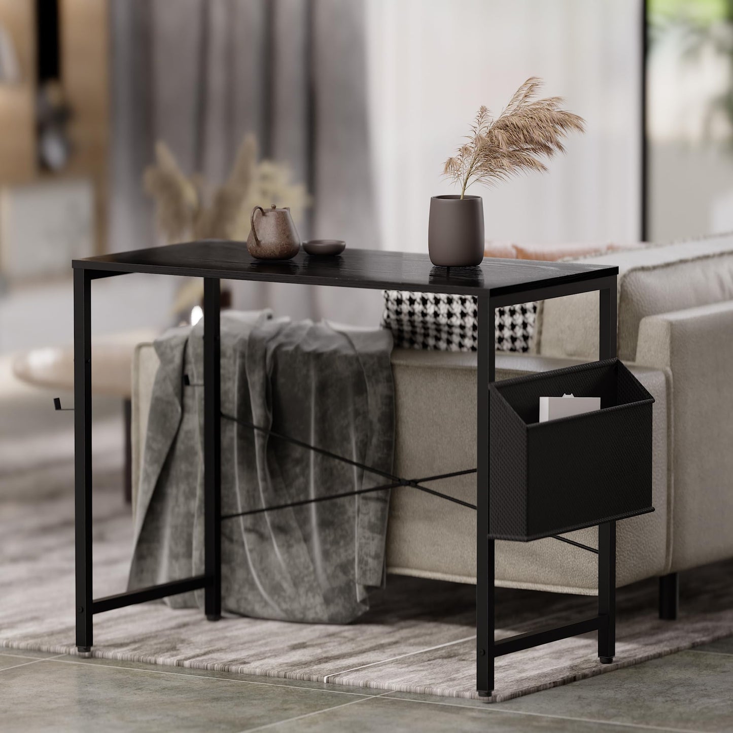 PAMRAY 80x40cm Computer Desk for Small Spaces with Storage Bag, Home Office Work Desk with Headphone Hook, Small Office Study Writing Table, Black