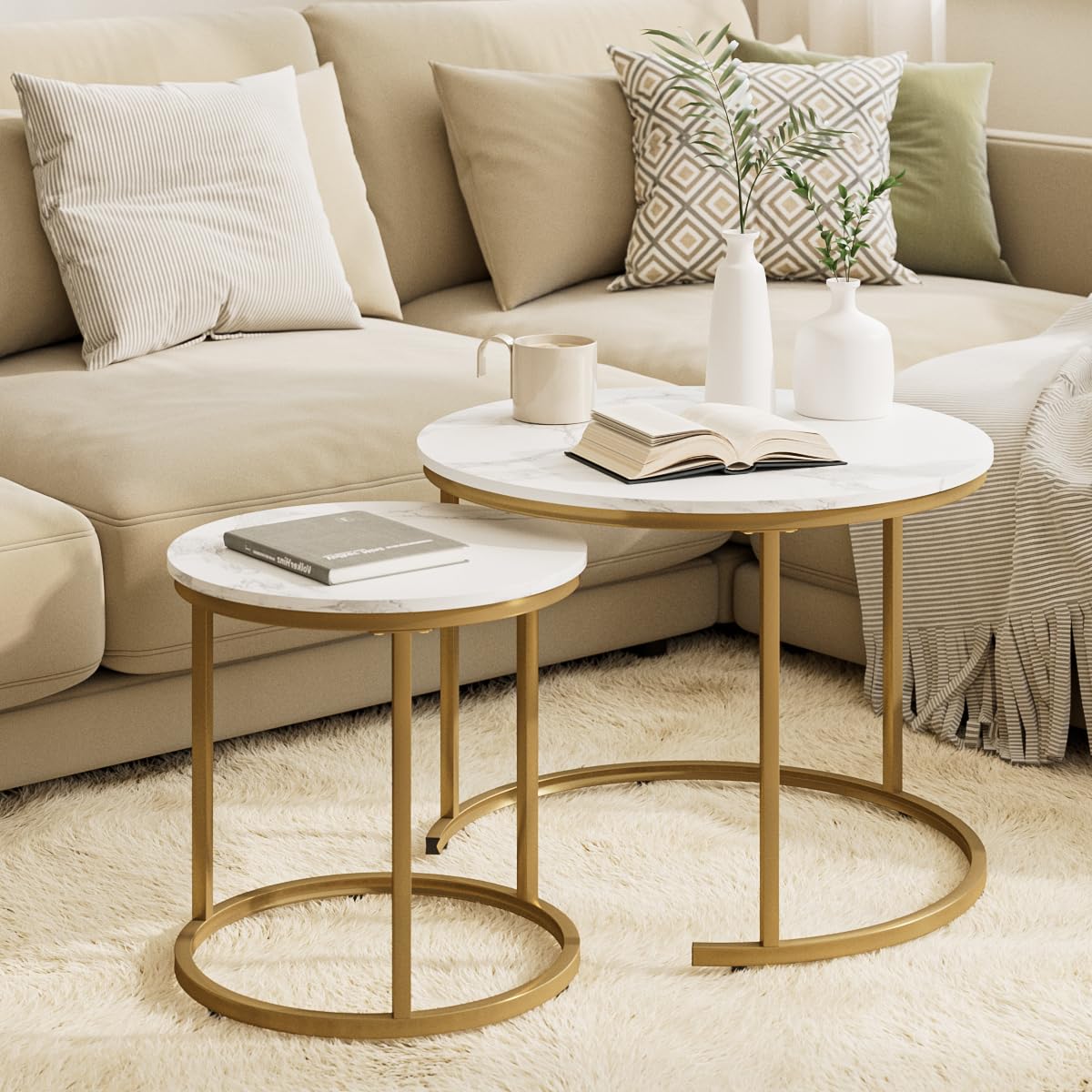 HEYZOEY Round Coffee Tables, Removable Set of 2 End Table, Nesting Tables with Gold Metal Frame Legs and Marble White Top for Living Room, Bedroom