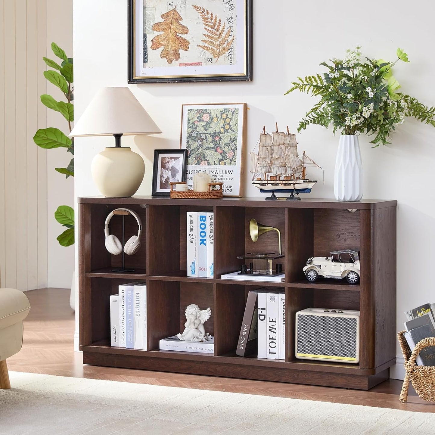 LELELINKY 8 Cube Storage Bookcase, 53" Wide Wooden Book Shelf with Thickened Base, Freestanding 2-Tier Open Book Case Unit with Curved Edge