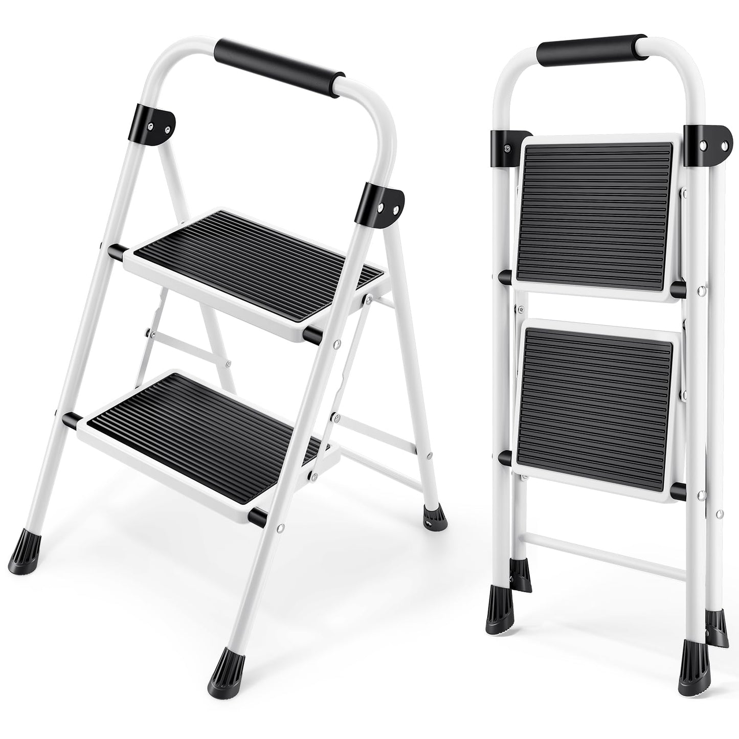 KINGRACK 2 Step Ladder with Non-Slip and Wide Pedal, Small Sturdy Steel Folding Ladder with Handle, Lightweight and Portable, White