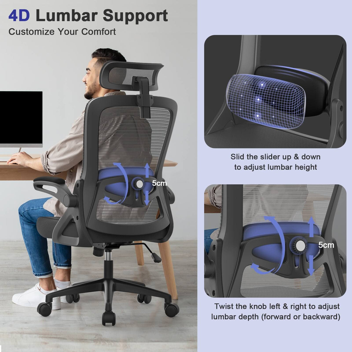 YONISEE Office Chair Ergonomic Office Chair with Lumbar Support, Adjustable Armrests and Headrests, Mesh Chair High Back Comfortable for Home Office