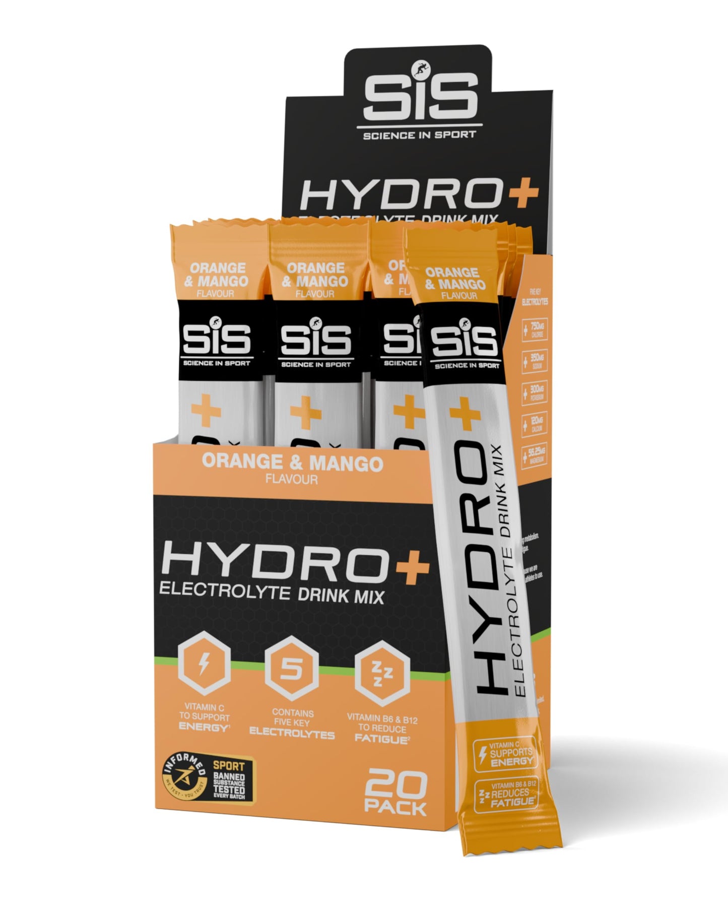 Science in Sport Hydro+ Electrolytes Powder Sachets with 5 Essential Electrolytes and Added Vitamins C, B6, and B12 for Hydration Drink | Orange
