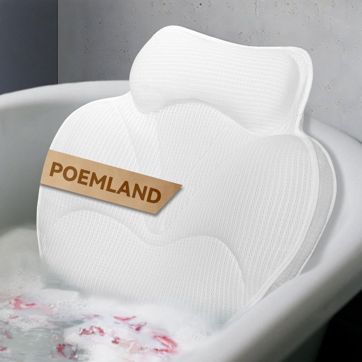 Poemland Bath Pillow for Tub - Luxury Bath Pillow for Neck, Head & Back Support, Soft 5D Mesh Quick Dry Fabric, 54 Non-Slip Suction Cups
