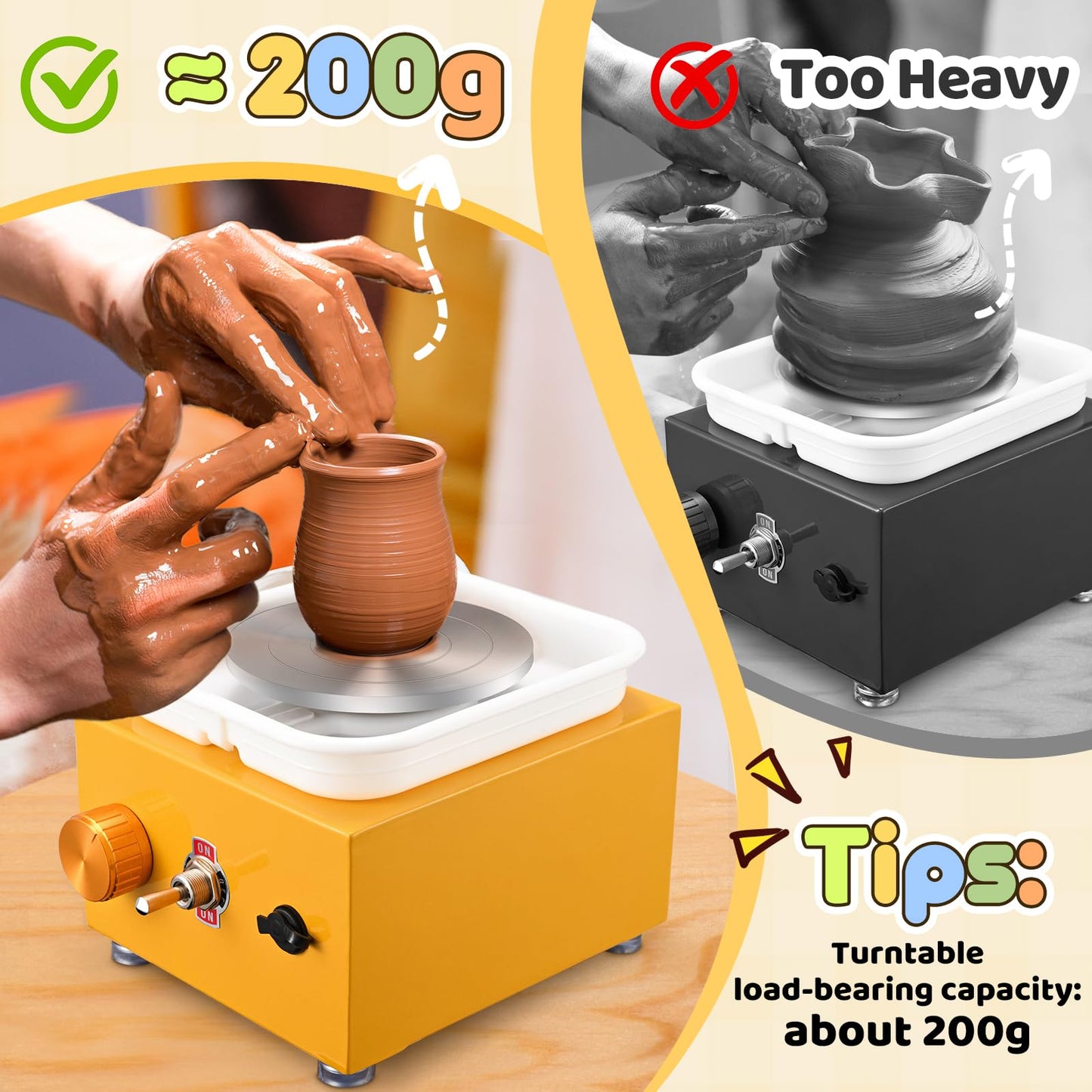 Mini Electric Pottery Wheel, Couleeur 2000RPM & 10/6.5cm Plates Turntable Pottery Machine, Adjustable Speed Pottery Wheel with Shaping Tools for