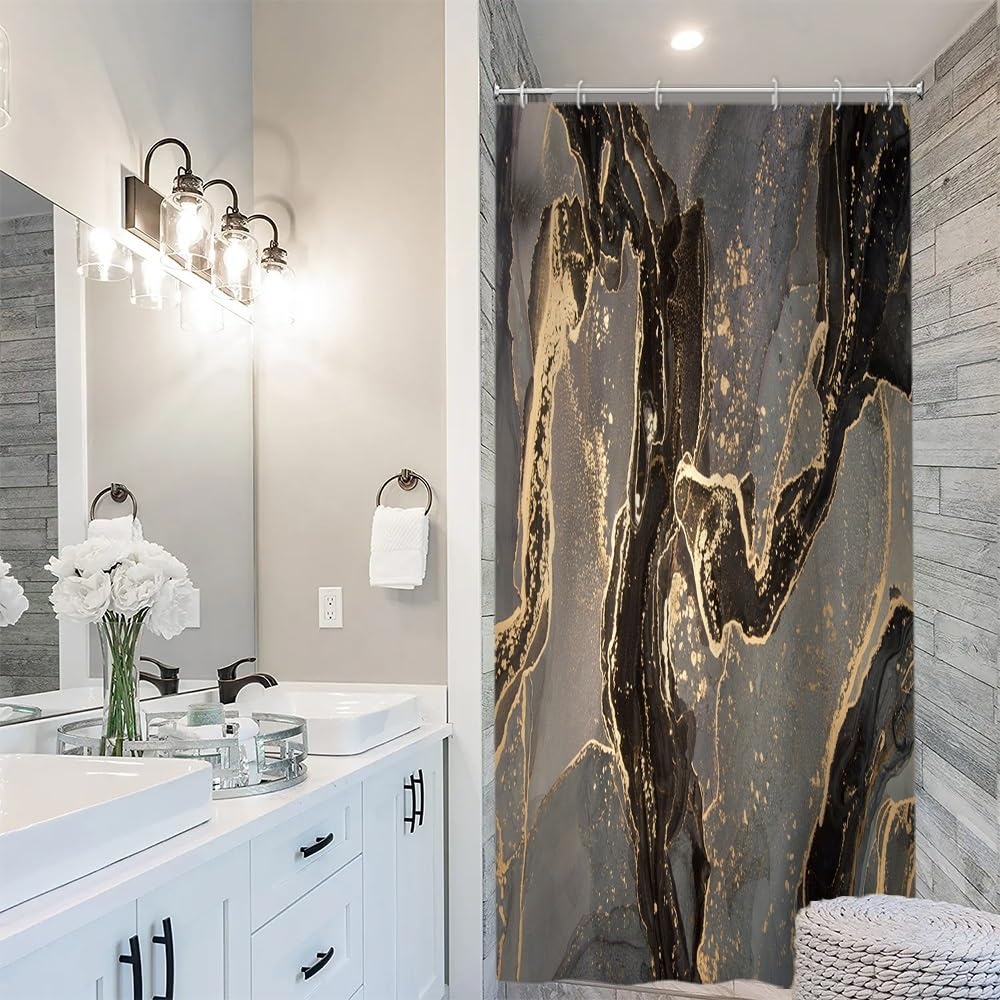 Uiiooazy Black Gold Shower Curtain, Stall Shower Curtain Abstract Marble Bath Curtain Mildew and Mould Resistant Waterproof Polyester Fabric Washable