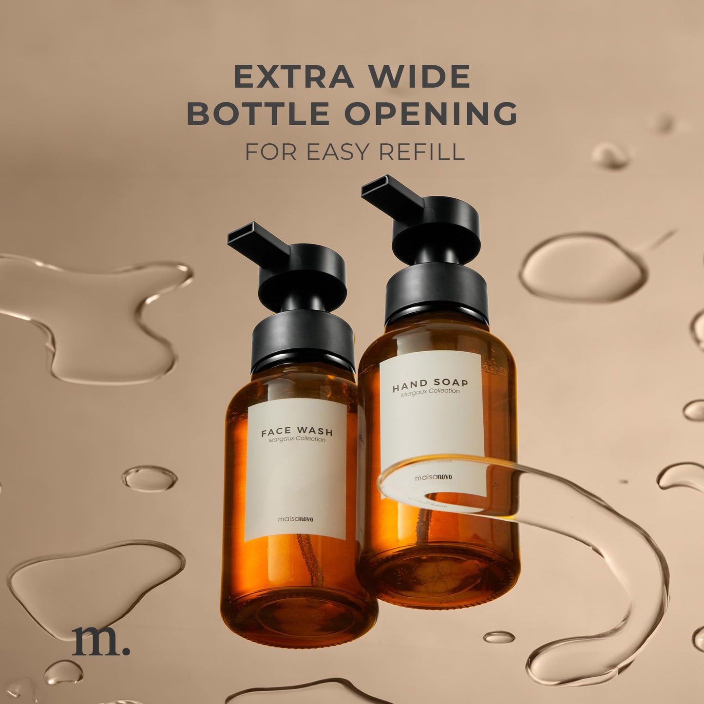 MaisoNovo Glass Foaming Soap Dispenser Set of 2-400 ml Amber Glass Foaming Hand Wash Dispenser Black Pumps x 2, Waterproof Labels