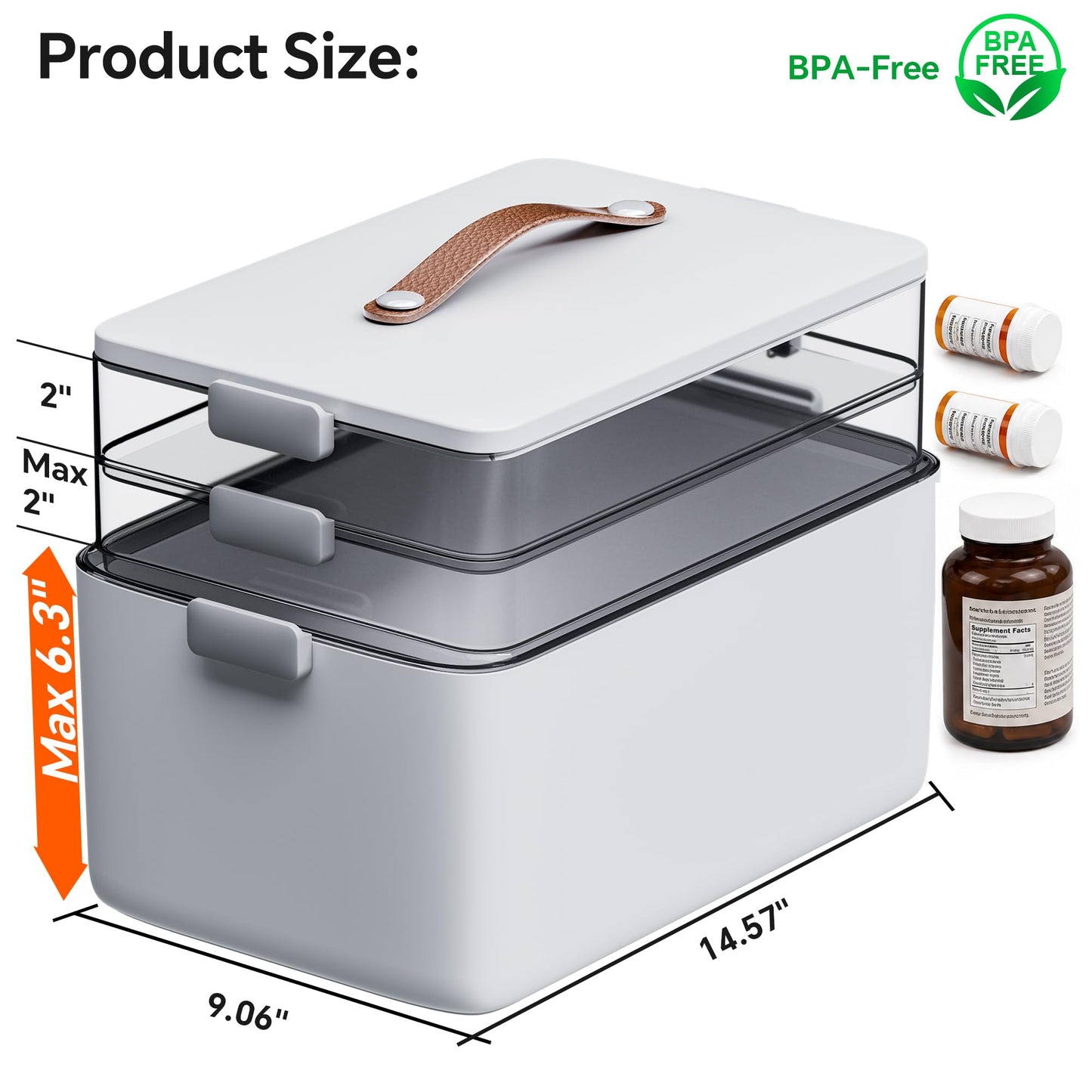 CTIME Extra Large Medicine Storage Box - 3-Tier Medication Organizer with Portable Leather Handle