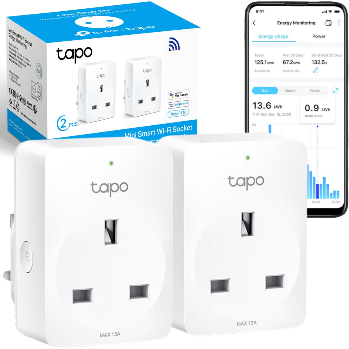Tapo P110 (2-Pack) Smart Plug, WiFi Plug, Energy Monitoring, Electricity Usage Monitor, App Remote Control, Smart Home, Voice Control with Google,
