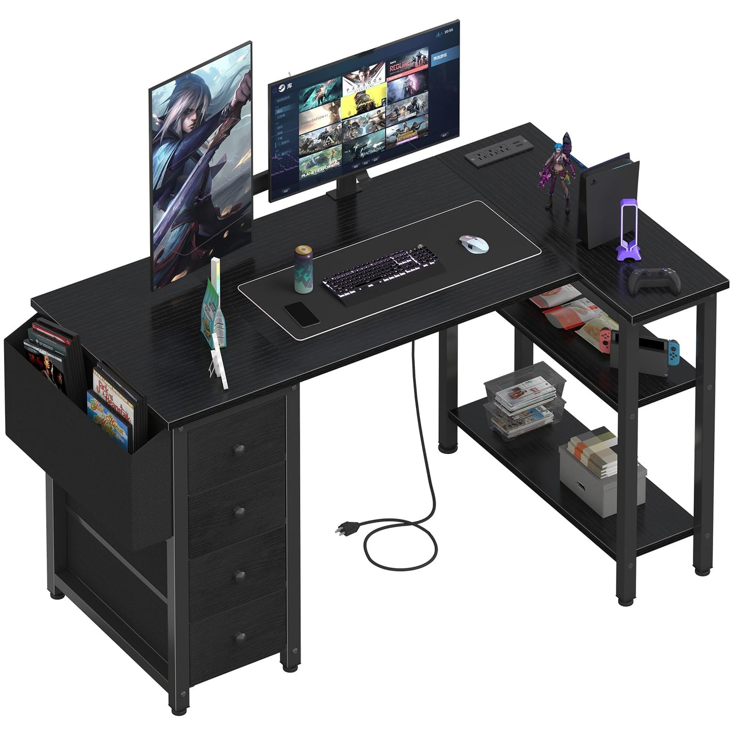 Lufeiya L Shaped Gaming Desk with Drawers & Storage Shelves, 120CM Corner Computer Desk with UK Power Outlet for Home Office Bedroom