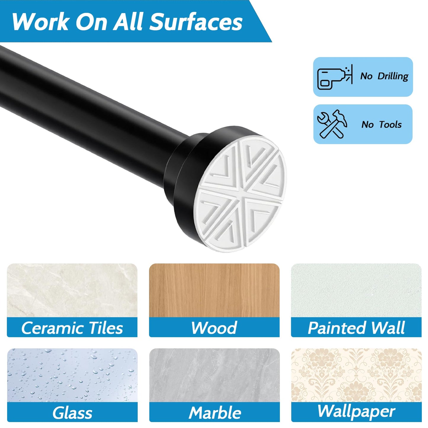 Curtain Poles No Drilling Tension Curtain Rods Extendable Shower Curtain Pole Heavy Duty Tension Rod Shower Pole for Bathroom, Window, Door, Closet