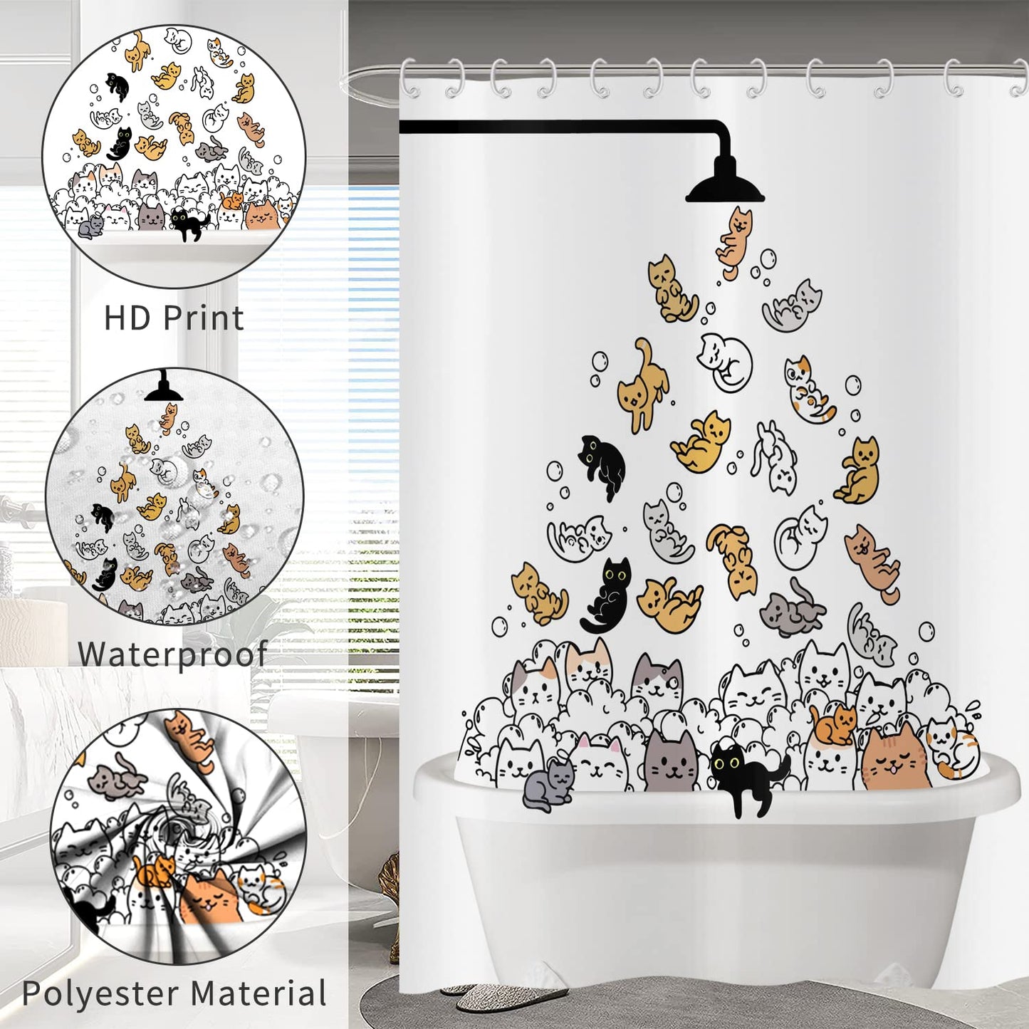 Hnmdmyi Funny Cat Shower Curtain 150x180, Kids Cartoon Animal Kitten Colorful Lovely Hilarious Pets Bathroom Curtains with Hooks Waterproof Polyester