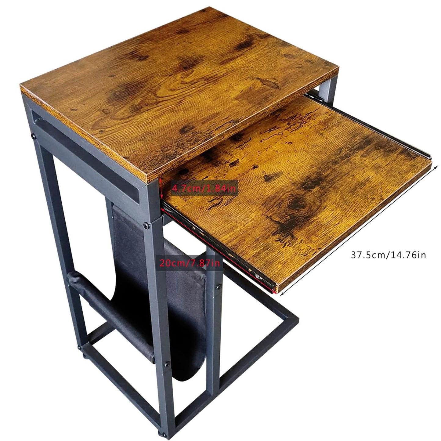 OYE C Shaped Side Table End Table, Industrial Sofa Table with Sliding Keyboard Rack, Laptop Desk for Sofa