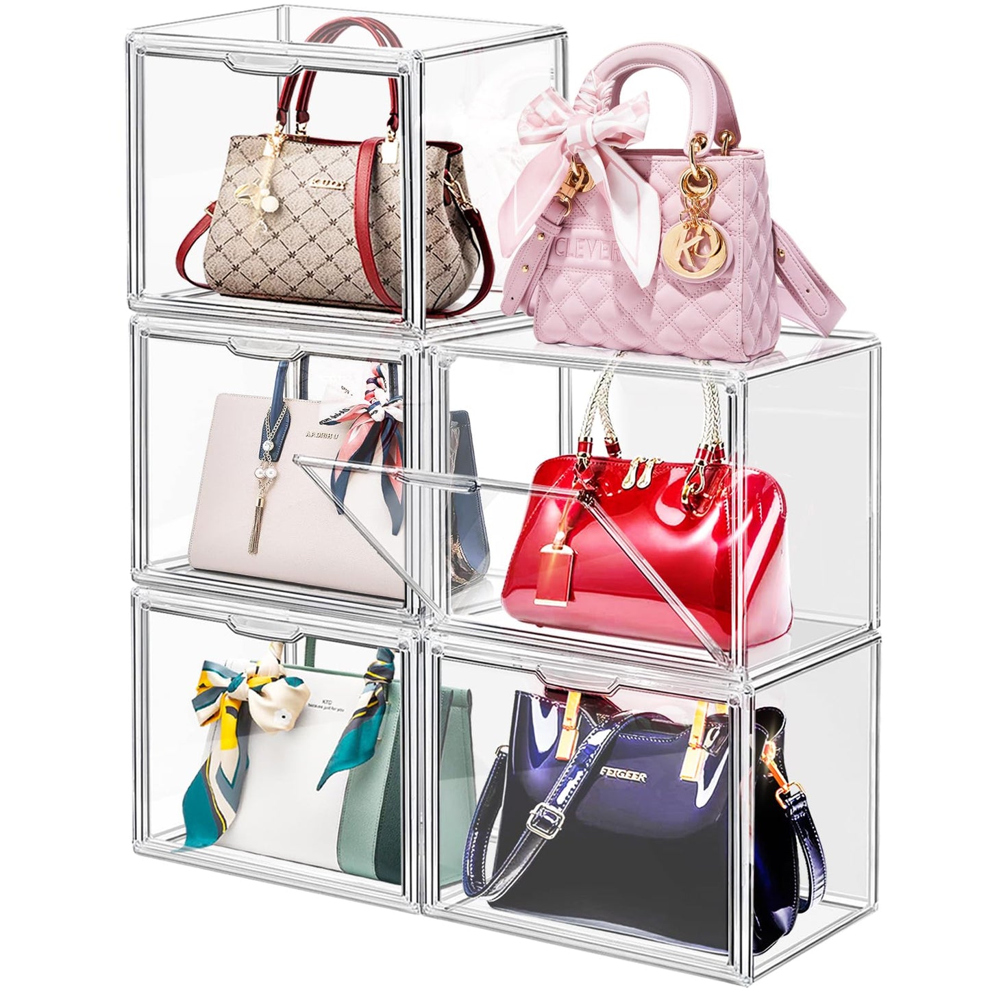 LINYAPRY 5 Packs Clear Plastic Handbag Storage Organizer for Closet, Acrylic Display Box for Handbag, Stackable Storage Boxes Bag Organizer with