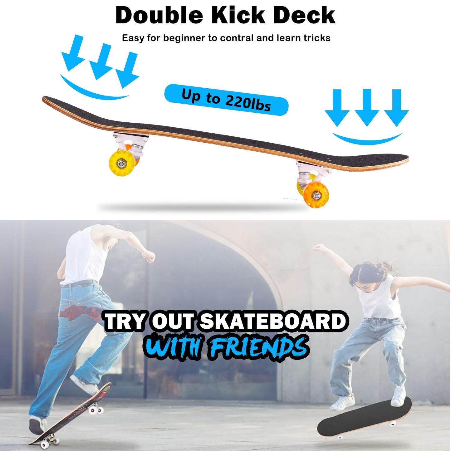 Skateboard,31 x 8 Inch Complete Skateboard, 8-Layer Maple Wood Deck Double Kick Standard Skateboards for Kids, Teens, Adult, Beginner (Rainbow-CX)