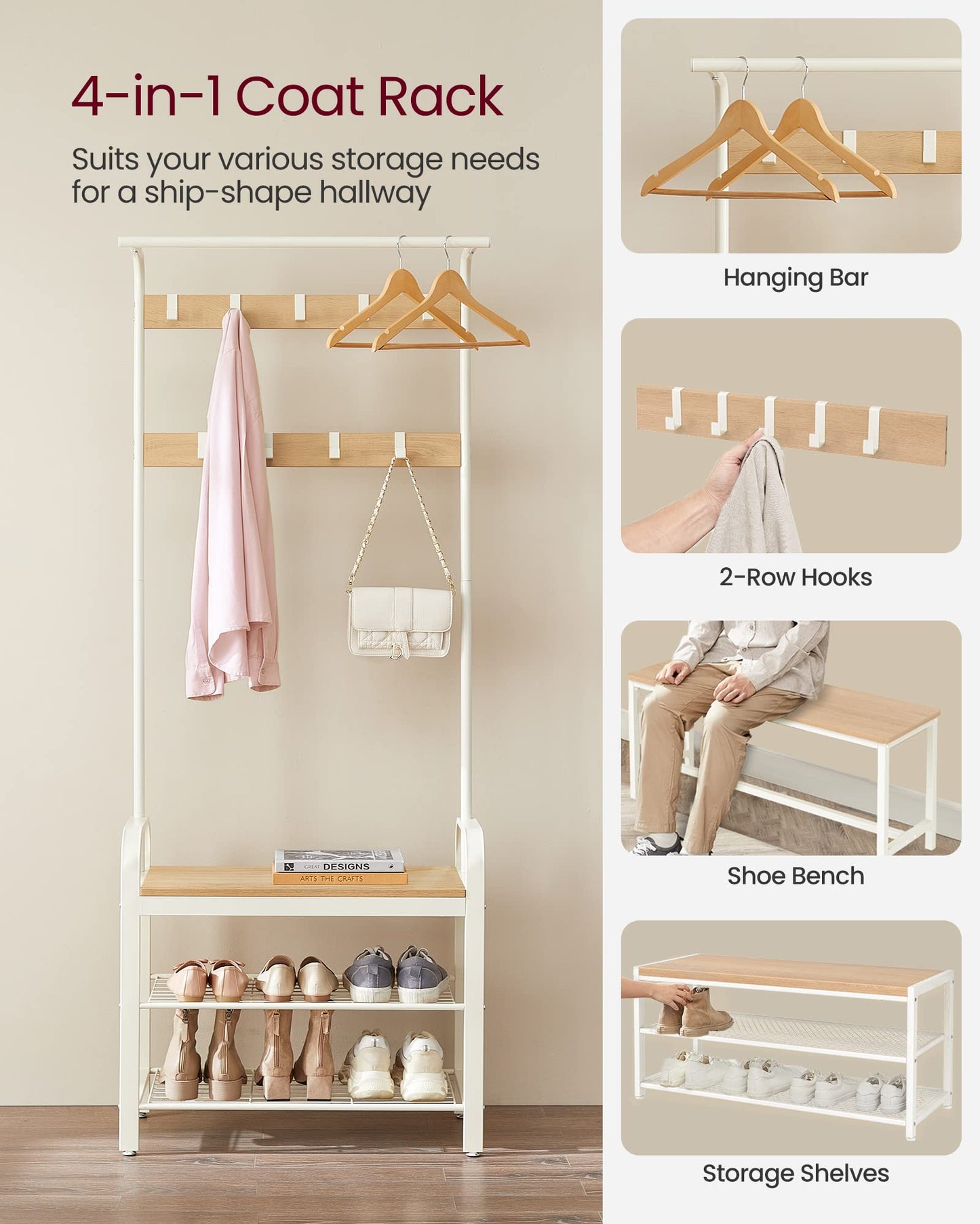 VASAGLE Coat Rack, Coat Stand with Shoe Storage Bench, 4-in-1 Design, with 9 Removable Hooks, a Clothes Rail, for Hallway, Entrance, 34 x 72 x 183 cm,