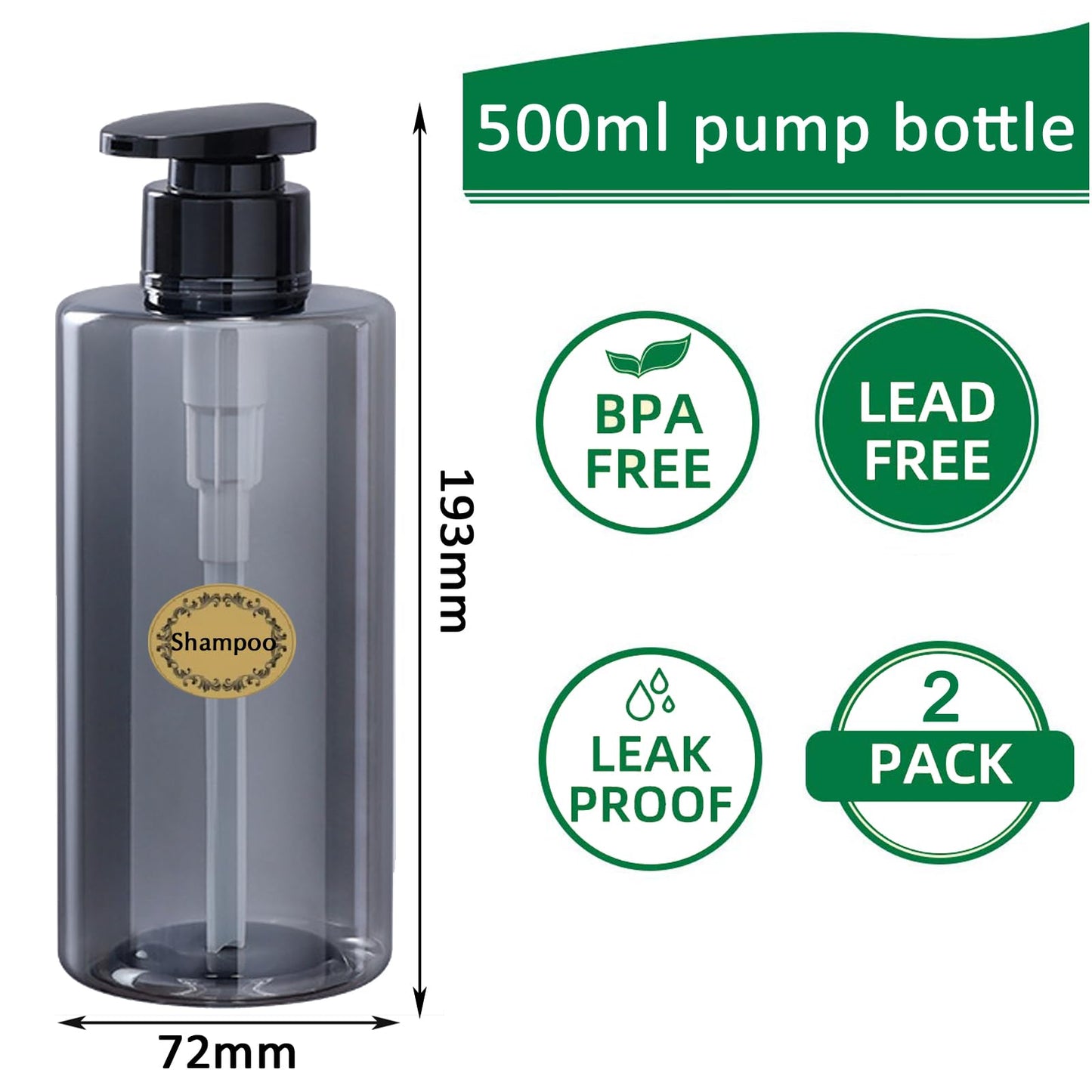 Apstaqeoo 2Pcs 500ml/17oz Empty Pump Bottle Dispensers - Refillable Plastic Shampoo Bottle Hand & Dish Soap Dispenser with pump