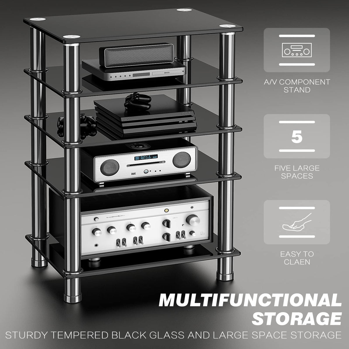 RFIVER HiFi Racks and Stands Audio Rack Cabinet AV Shelf TV Table Stand 5 Tiers Tempered Glass Shelves for Turntable Record Player DVD Stand Audio