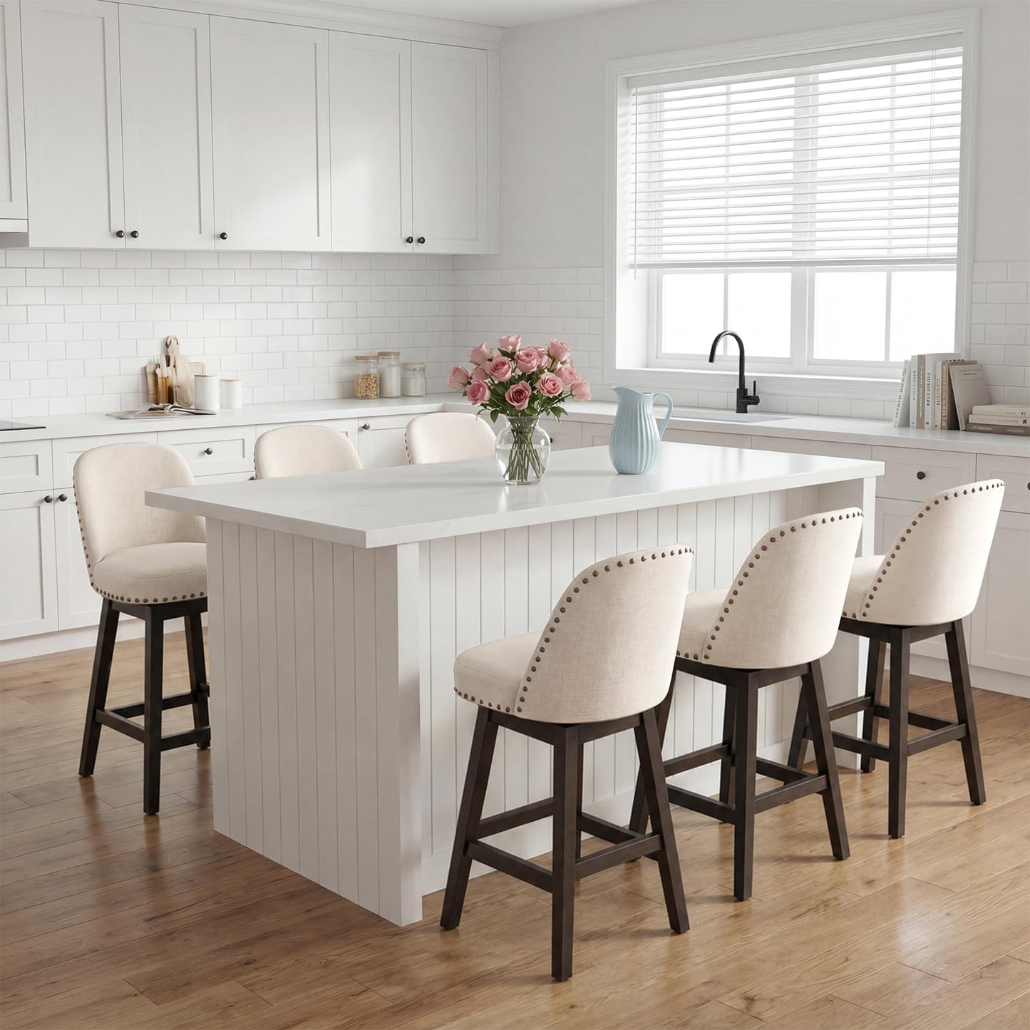 Bar Stools Set of 6, 360° Swivel Counter Stools with Upholstered Seat, Wooden Frame & Nailhead Trim