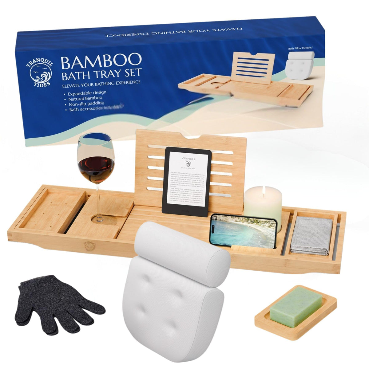 Tranquil Tides Luxury Bamboo Bath Tray Set with Pillow ? Wooden Bath Shelf, Caddy, Board & Rack, Bathtub Table, Over Bath Tray & Bath Accessories for