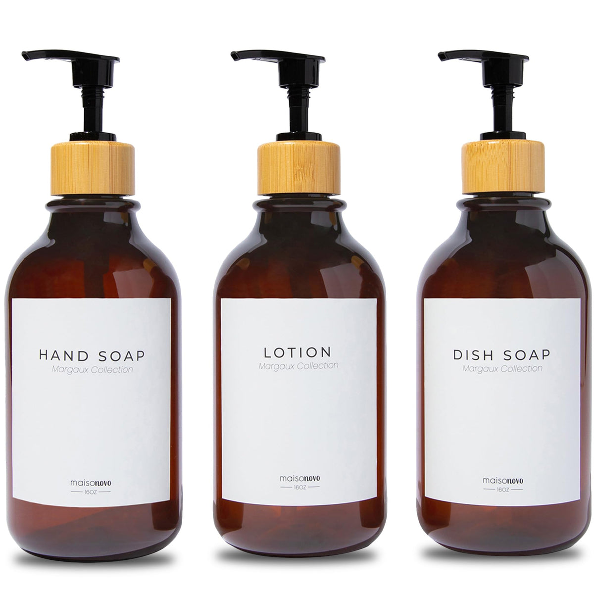 MaisoNovo Refillable Shampoo and Conditioner Bottles | 500 ml Set of 3 Amber Plastic Bottles Black Bamboo Pumps
