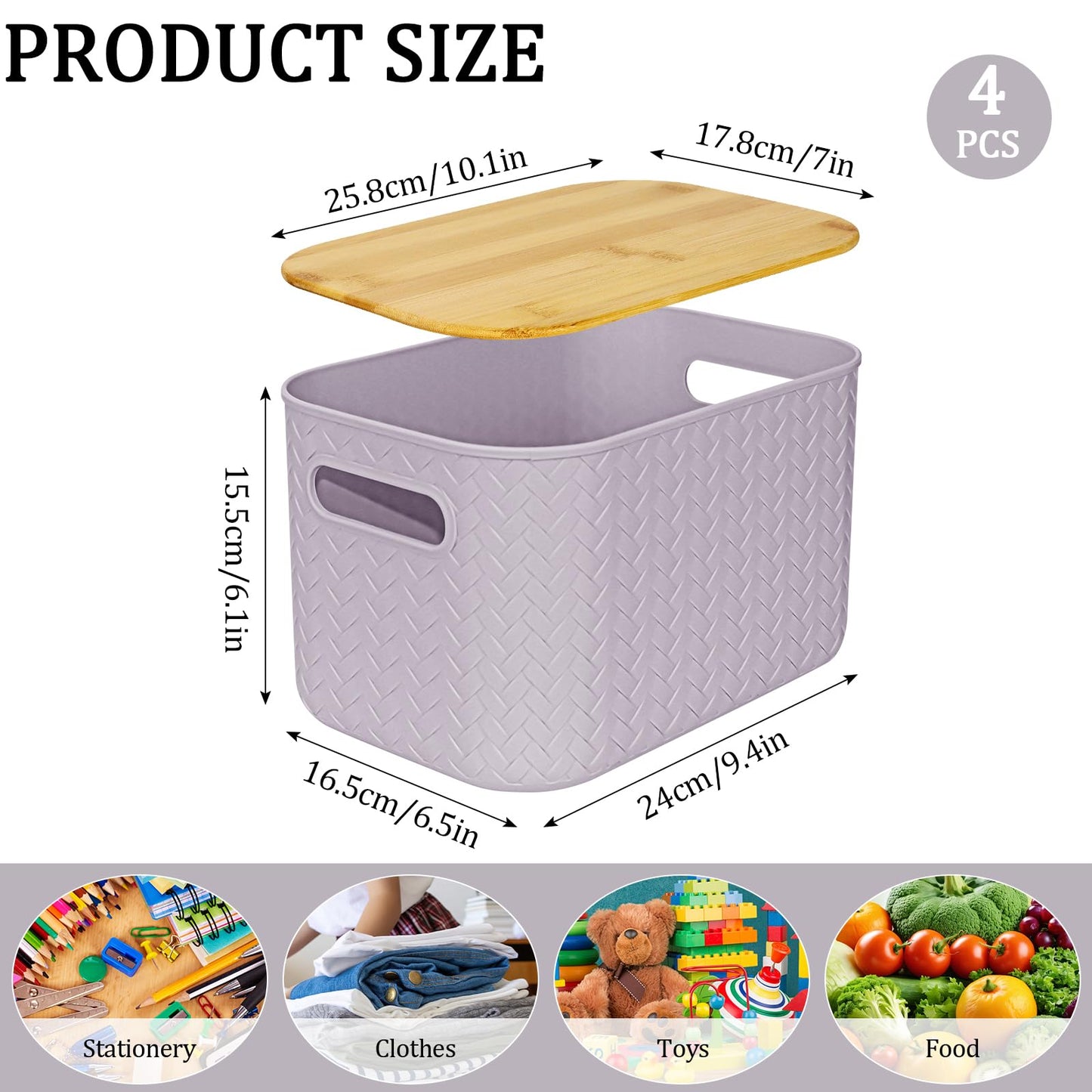 RWFMO 4 Pcs Plastic Purple Storage Baskets with Bamboo Lid for Bathroom