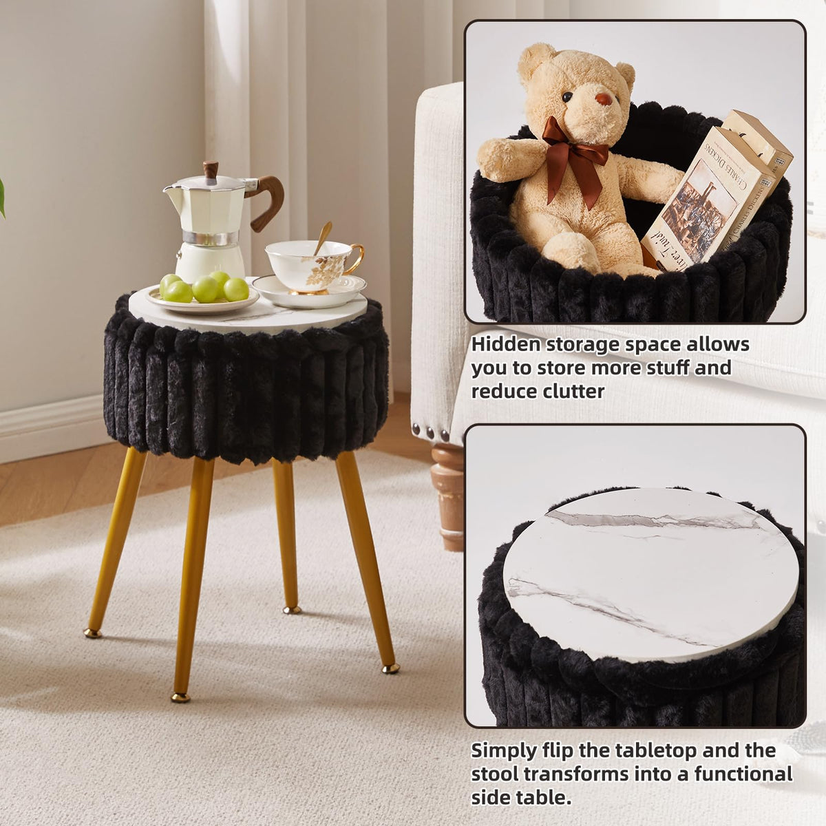 Aibiju Dressing Table Stool with Storage, Footrest Stool, Makeup Vanity Chair with 4 Metal Legs, with Anti-Slip Feet, for Makeup Room, Bedroom