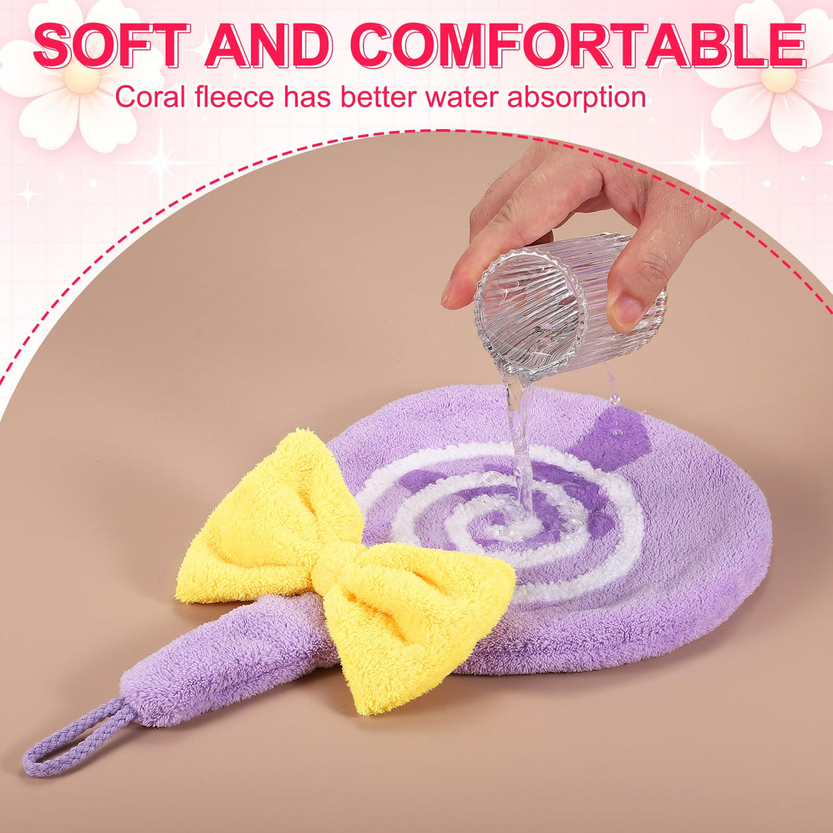 sourcing map Cute Hand Towels, Soft Coral Hanging Hand Towel with Hanging Loop, Lollipop Pattern, Highly Absorbent