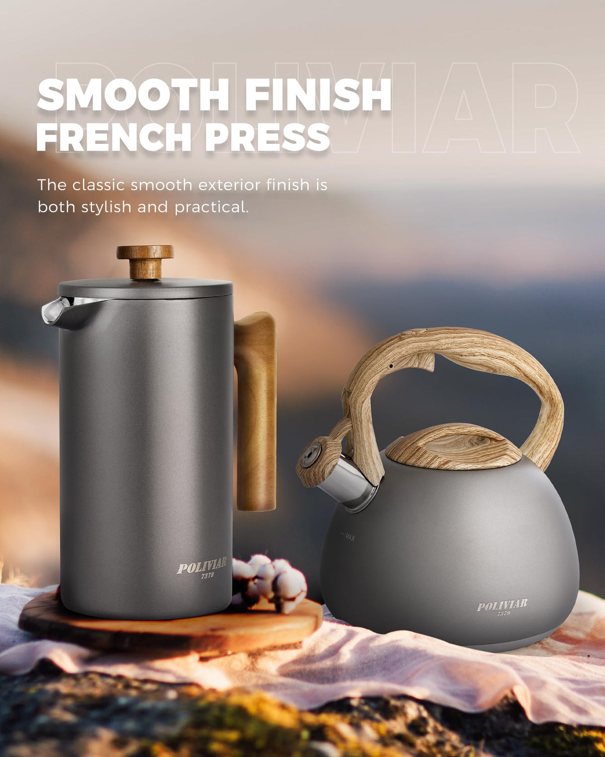 POLIVIAR Cafetiere 8 Cup, French Press Coffee Maker with Wood Handle, Double Walled Insulated Cafetiere &1 Extra Filter, Insulated 1L French Press for