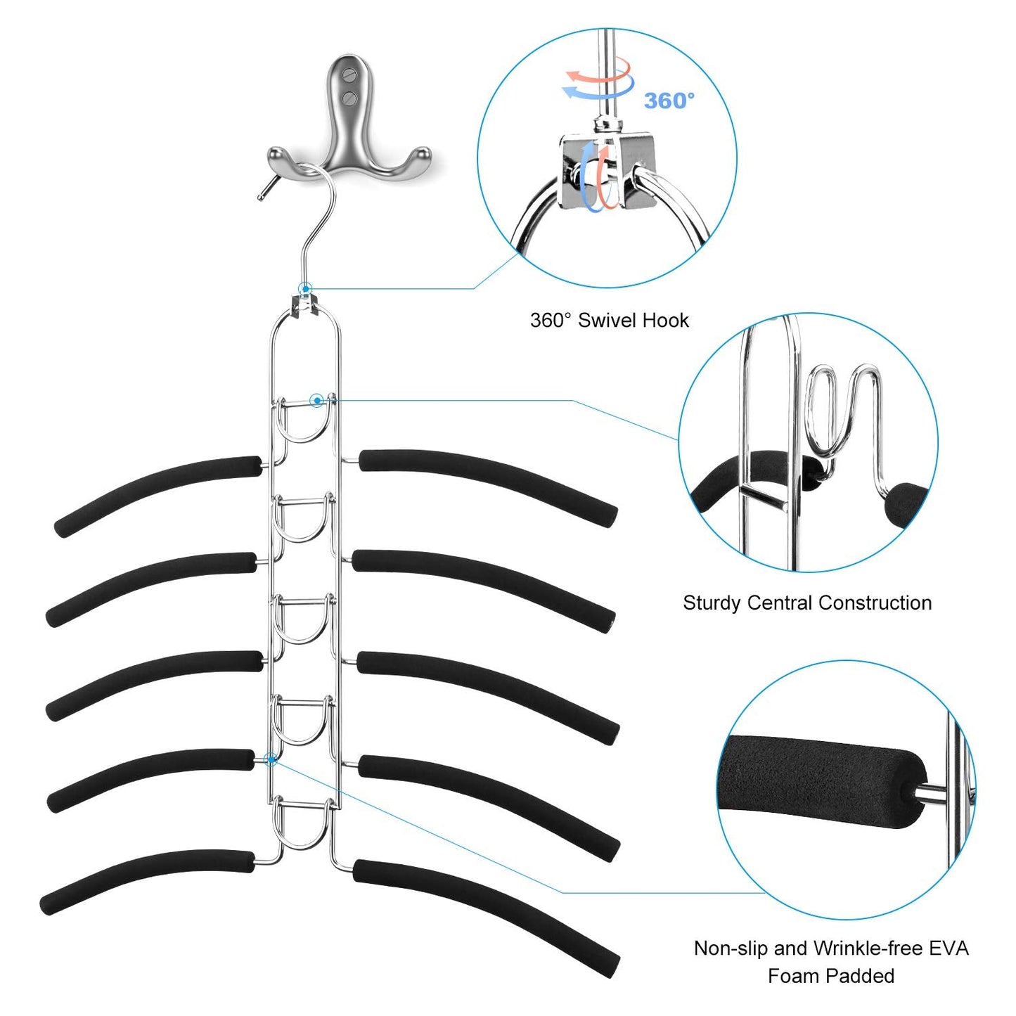 DOIOWN 2 PACK Multi Layers Clothes Hangers- 5 in 1 Anti-slip Coat Hangers Sponge Metal Wardrobe Storage Rack Space Saving Organizer for Jacket Coat