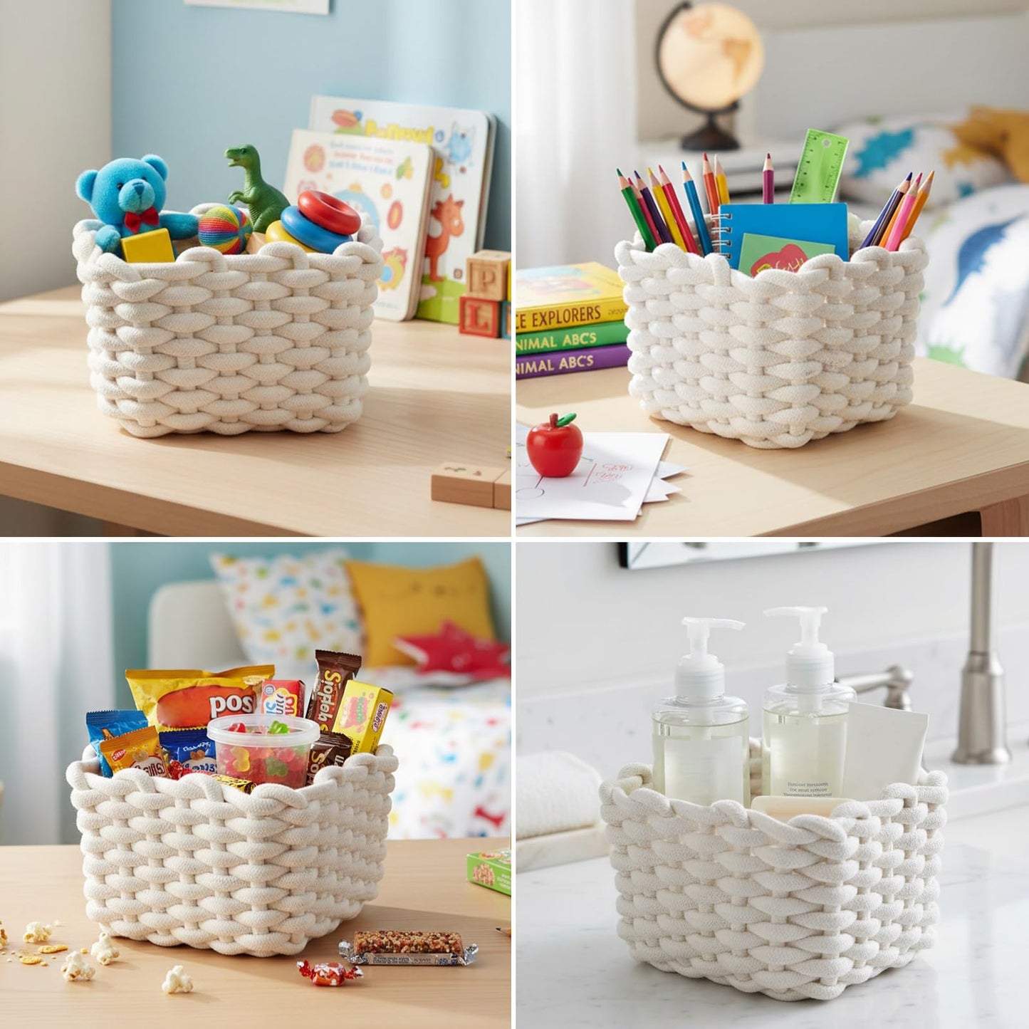 Elegant Braided Storage Basket Set of 2 – Washable and Foldable Cotton Rope Organiser Baskets with Leather Handles for Accessories, Cosmetics