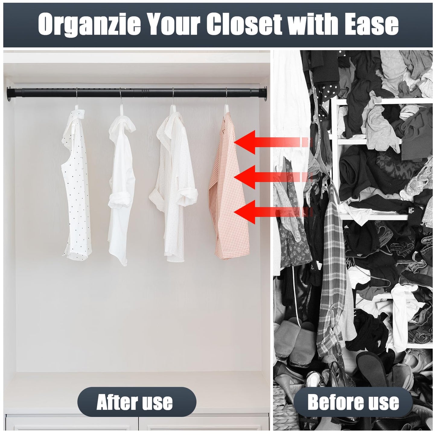 Closet Rods for Hanging Clothes, 40 to 248cm Adjustable Metal Closet Rod, Heavy Duty Extendable Wardrobe Rod