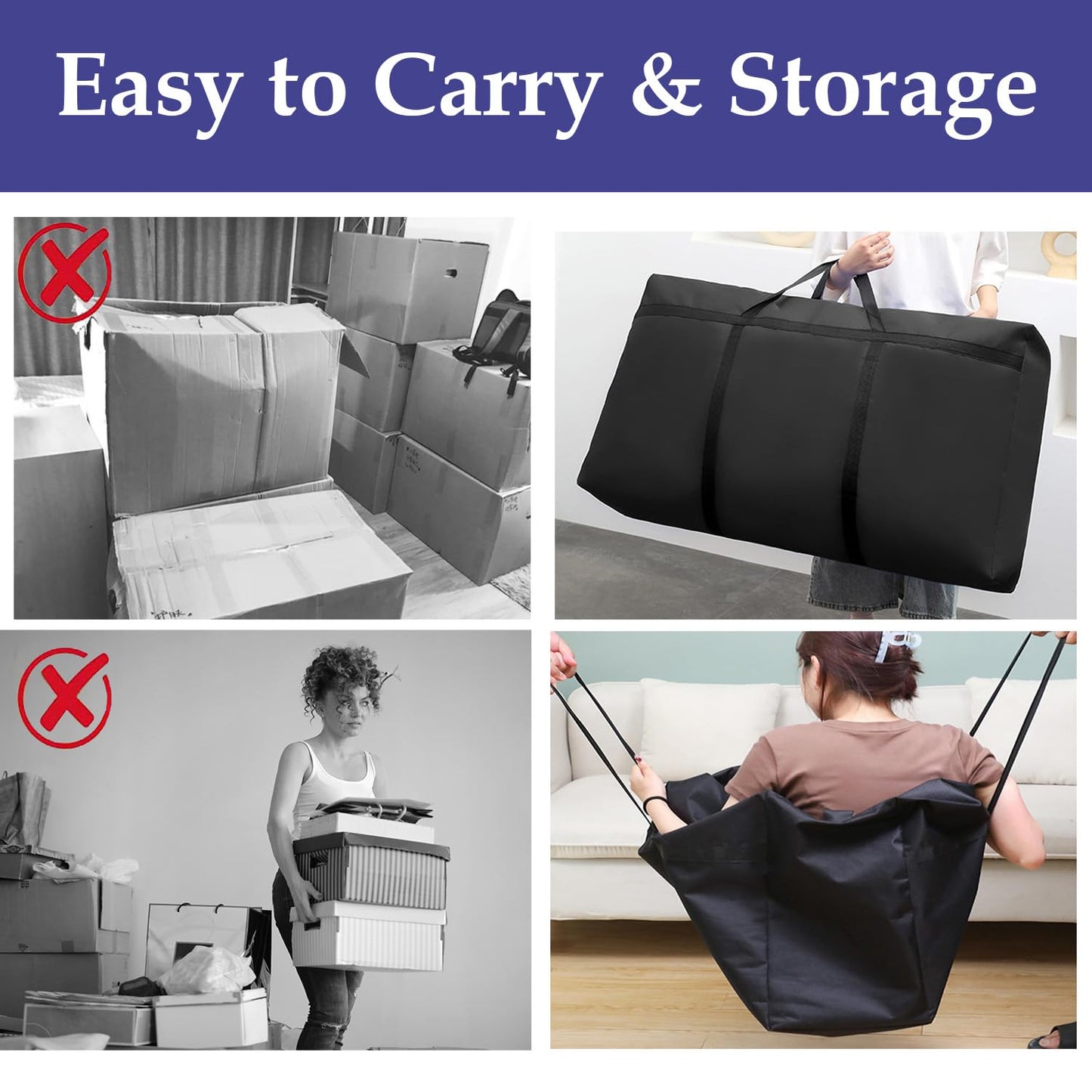 Kongming Pack of 2 180L Storage Bag XXL Waterproof Oxford Black Extra Large Moving Bags with Zip Handle for Duvets Cushions Clothes Bedding Storage