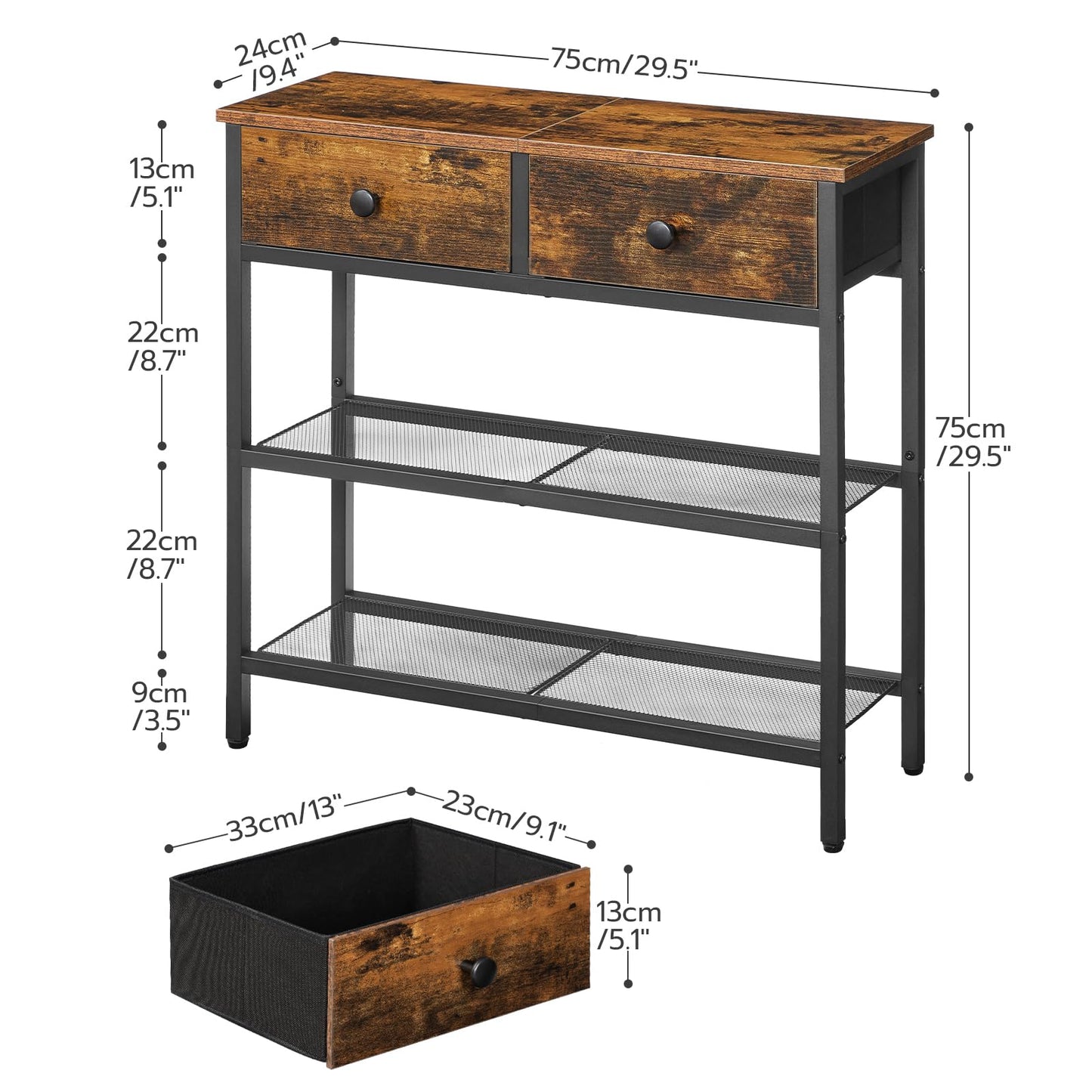 HOOBRO Console Table, Slim Console Table with 2 Non-woven Drawers, Hallway Table with Storage, Slim Sofa Table for Small Spaces, Living Room, Rustic