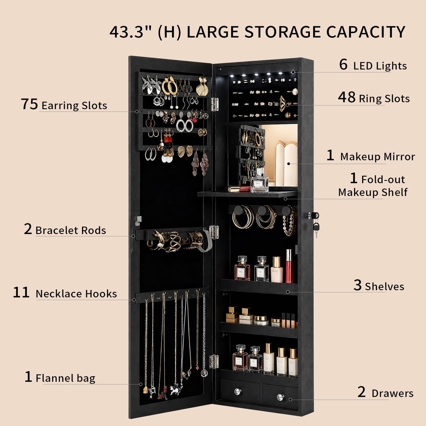 AnSafity Lockable Jewelry Cabinet Organizer with Full Length Mirror, 6 Auto LED Lights, Wall & Over Door Mount Jewelry Armoire with Earring Slots
